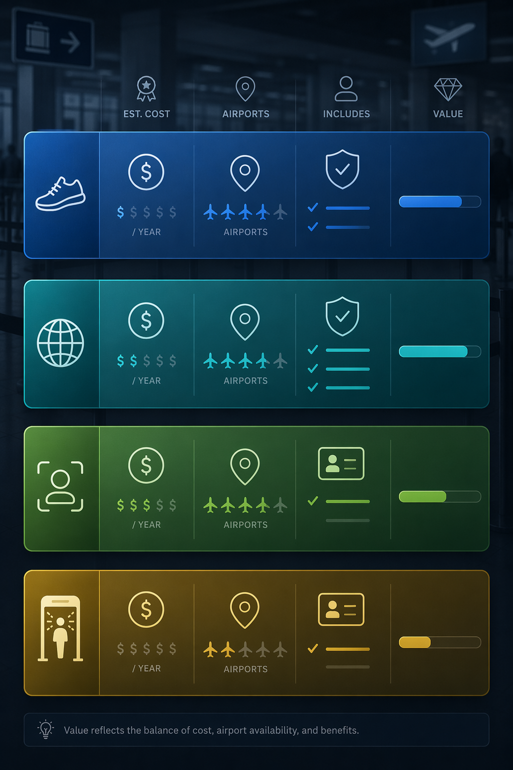 Ranked comparison cards for PreCheck, Global Entry, CLEAR+, and Touchless ID