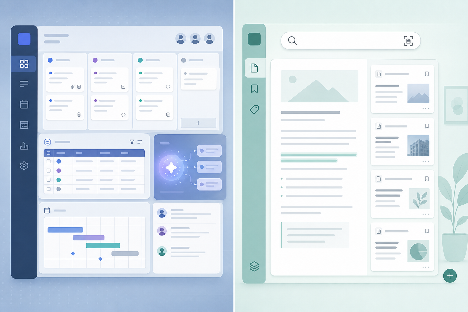 Split-composition illustration contrasting a block-based workspace with kanban and database views on the left against a focused digital notebook with web clippings and OCR search on the right