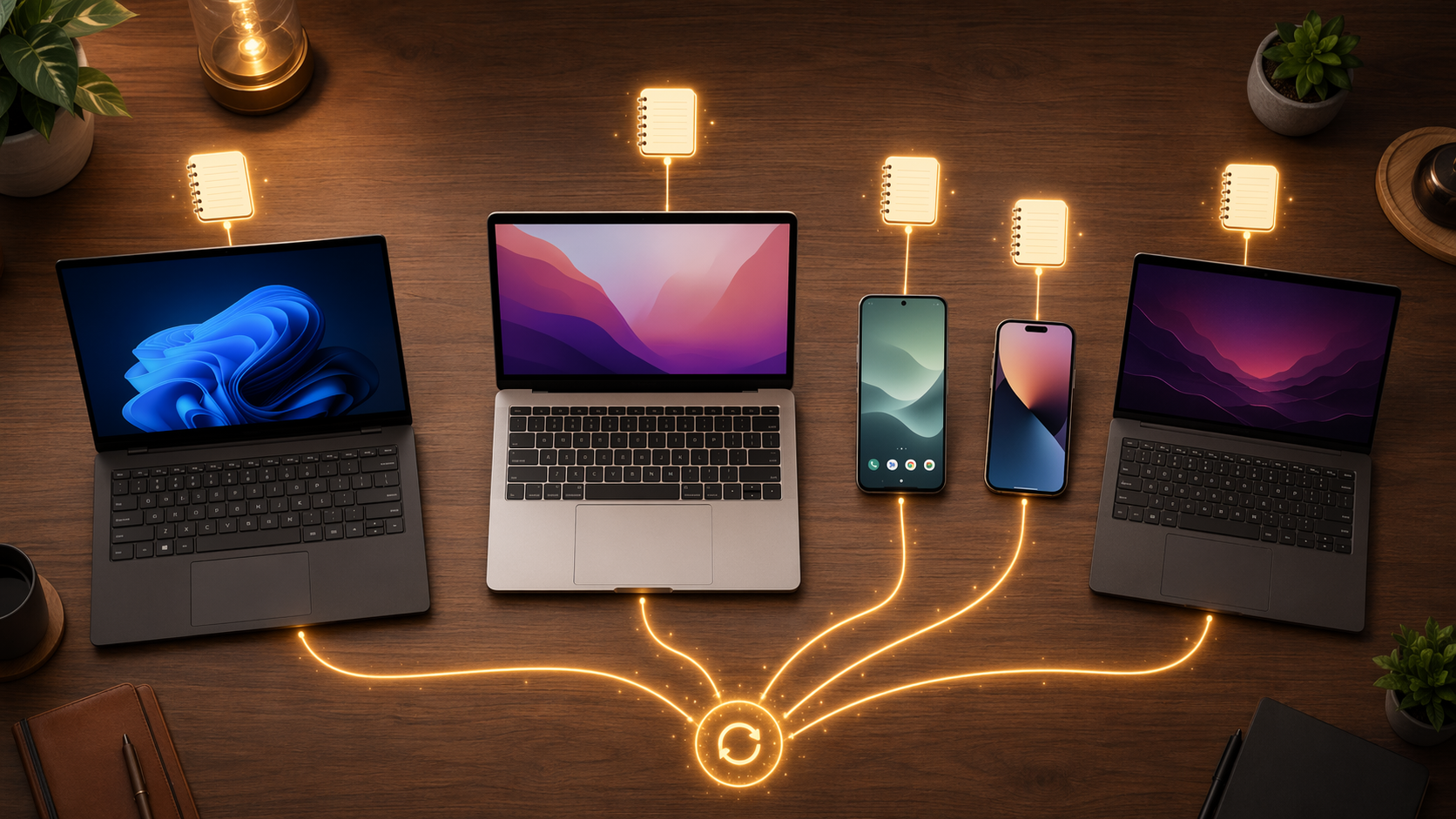 Five devices connected across platforms on a desk