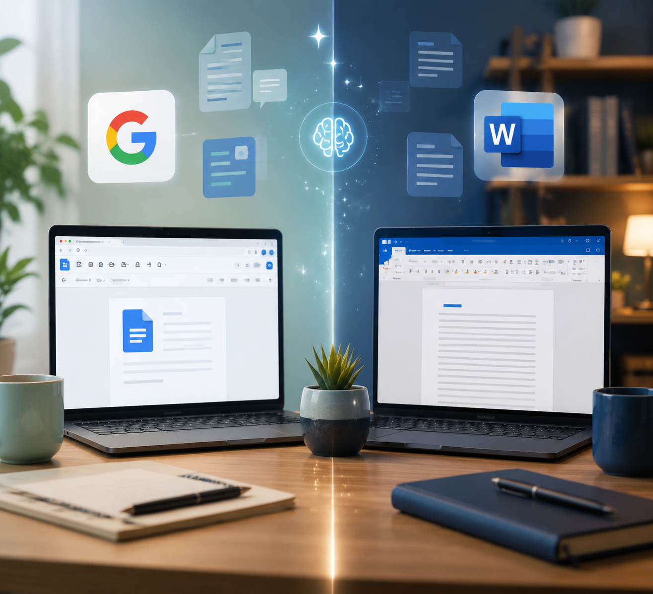Split workspace comparing Google Docs and Microsoft Word AI writing environments