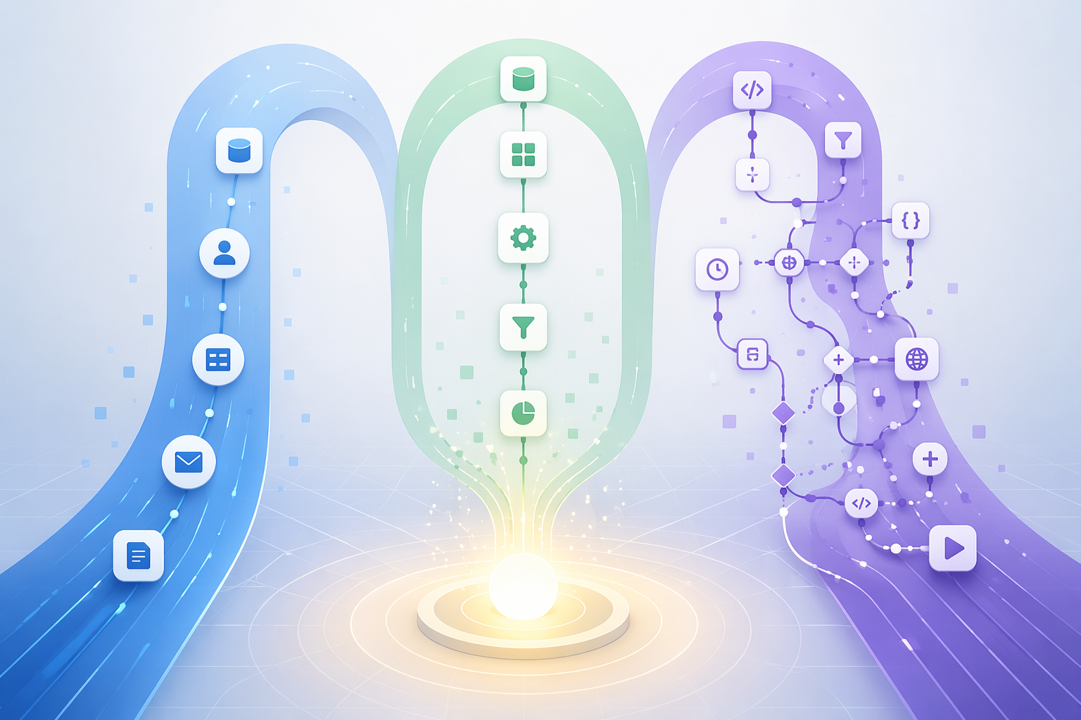 Three visual automation paths converging toward one central workflow node