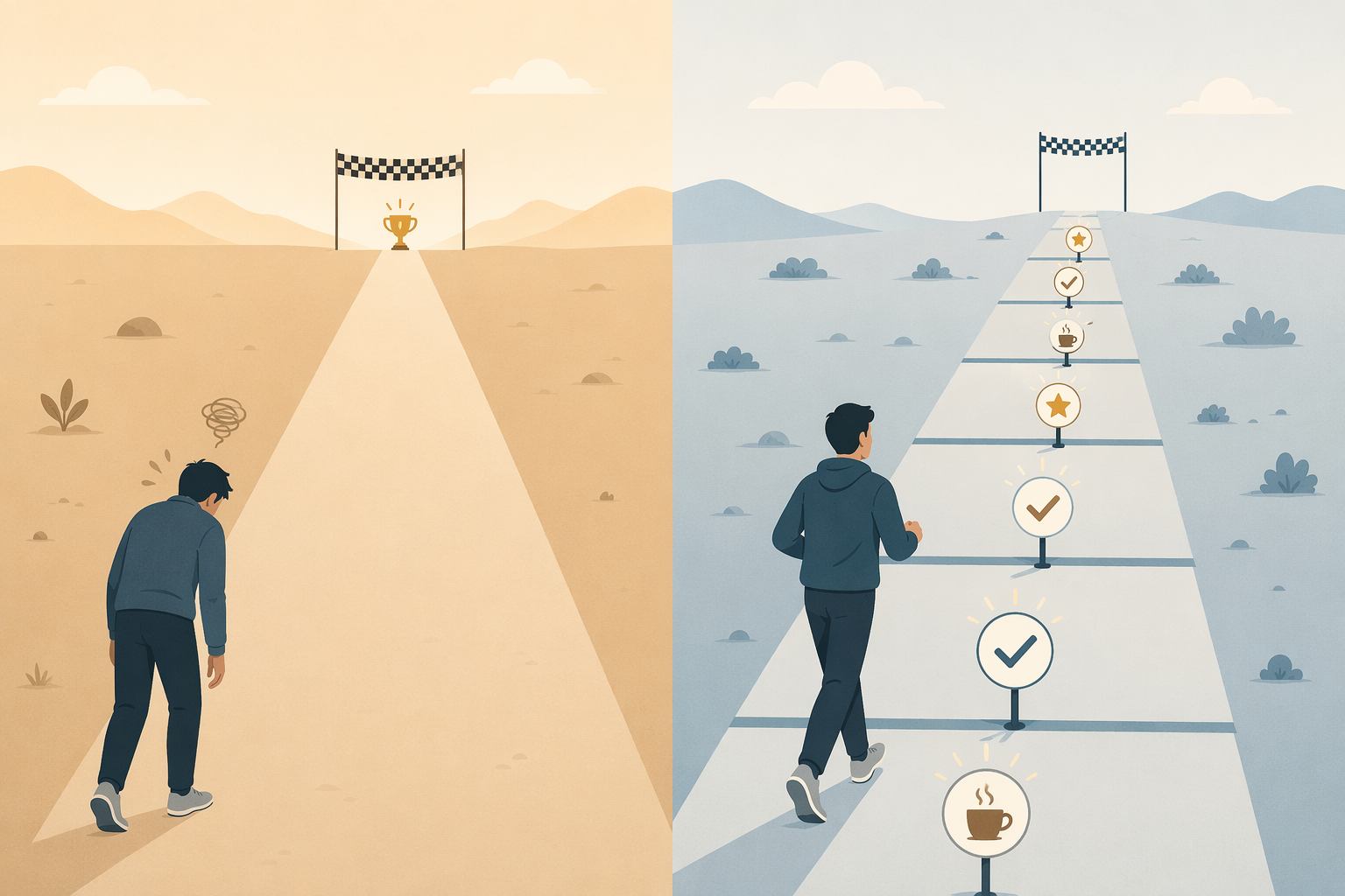 Comparison of one distant reward versus a path divided into short segments with small rewards