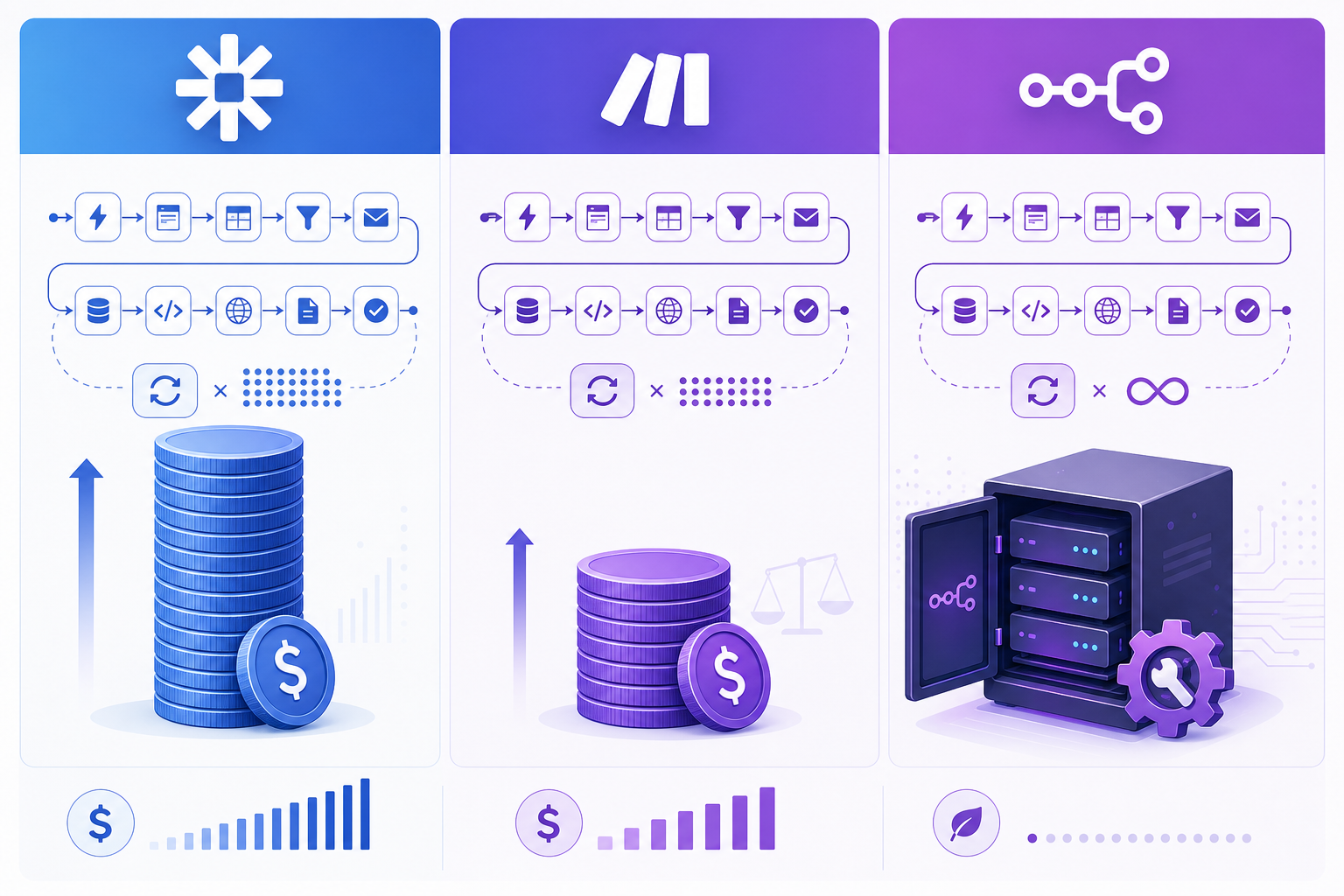 Three vertical columns comparing pricing models: a tall stack of coins on the left (task-based pricing), a moderate balanced stack in the center (operation-based), and an open server node with a small maintenance cog on the right (free self-hosted). Blue-to-purple gradient.