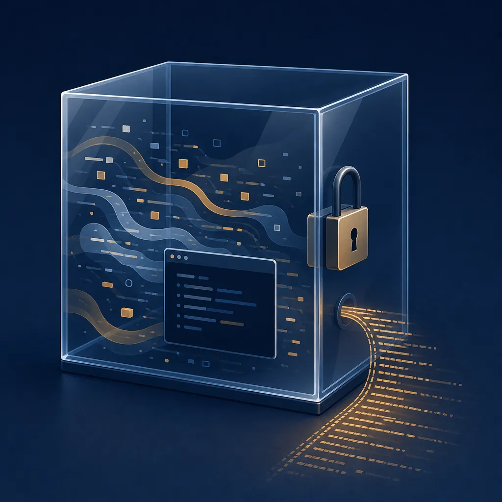 Transparent protective box around terminal-like code shapes with a padlock and log lines flowing out