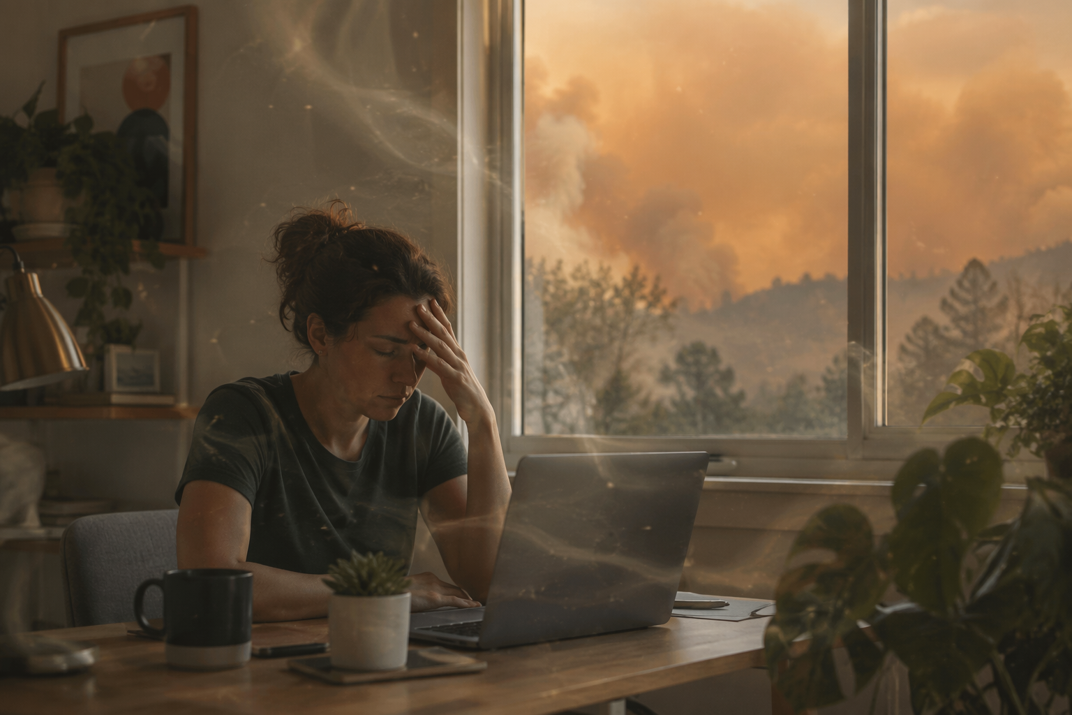 Home office desk with a laptop near a hazy wildfire-smoke window while a worker struggles to concentrate