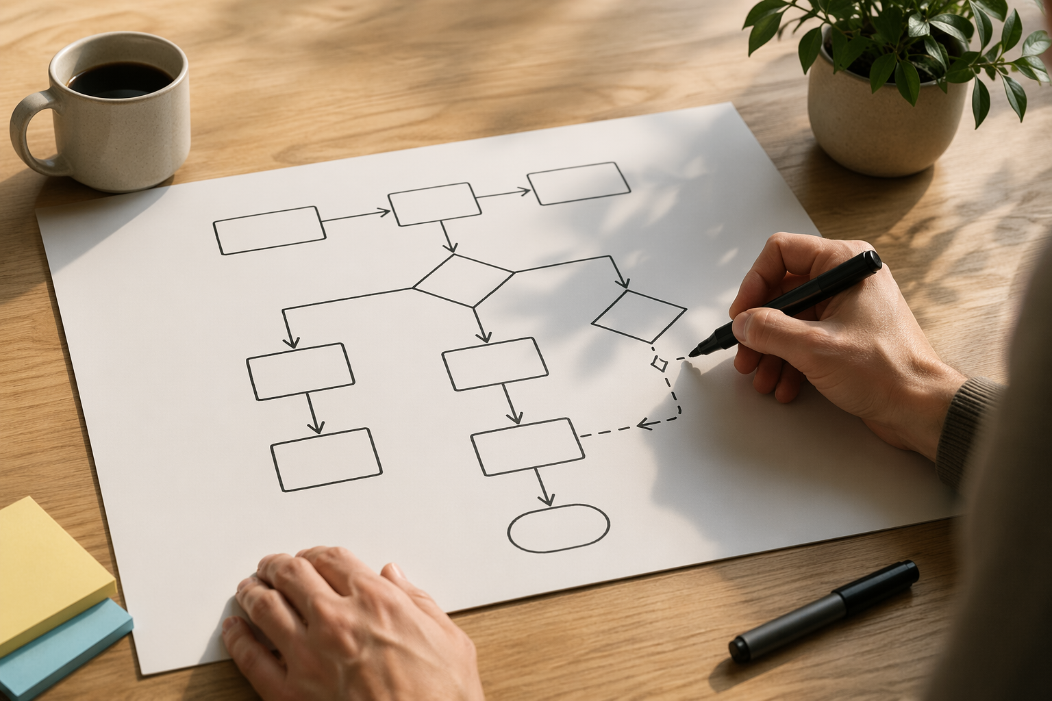A hand sketching a flowchart of connected boxes, arrows, and decision diamonds on a white sheet of paper