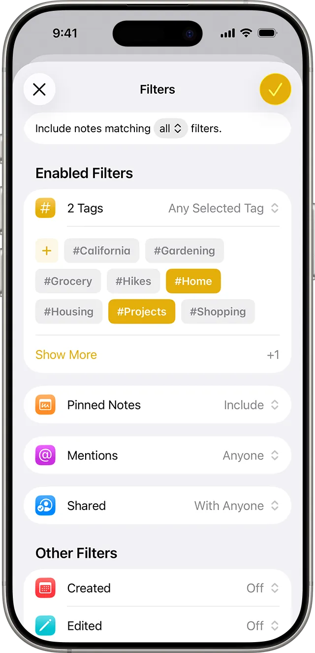 Apple Notes Smart Folder creation screen showing tag-based folder rules on an iPhone