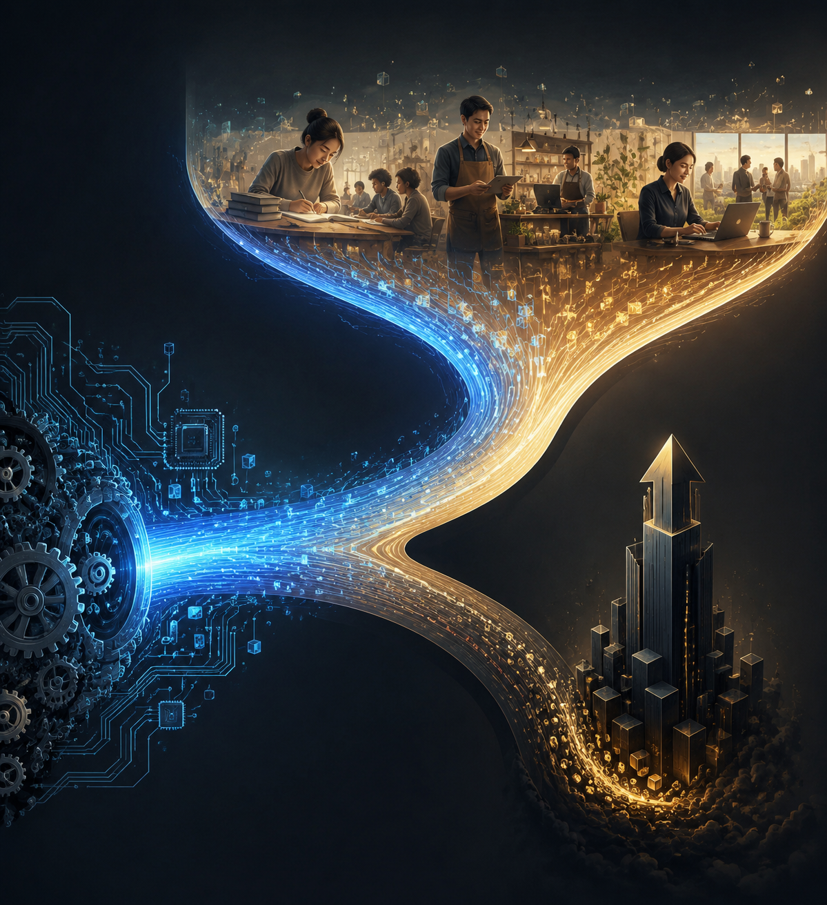 Digital productivity stream splitting between broader human opportunity and upward wealth concentration