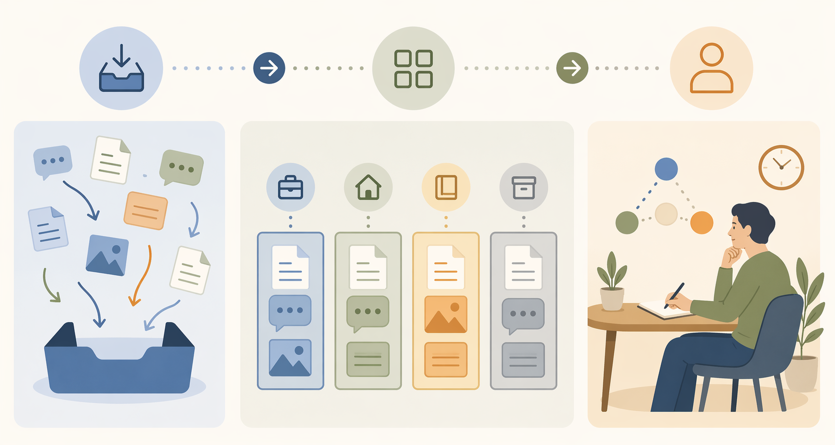 Three-phase workflow showing capture, structure, and refinement