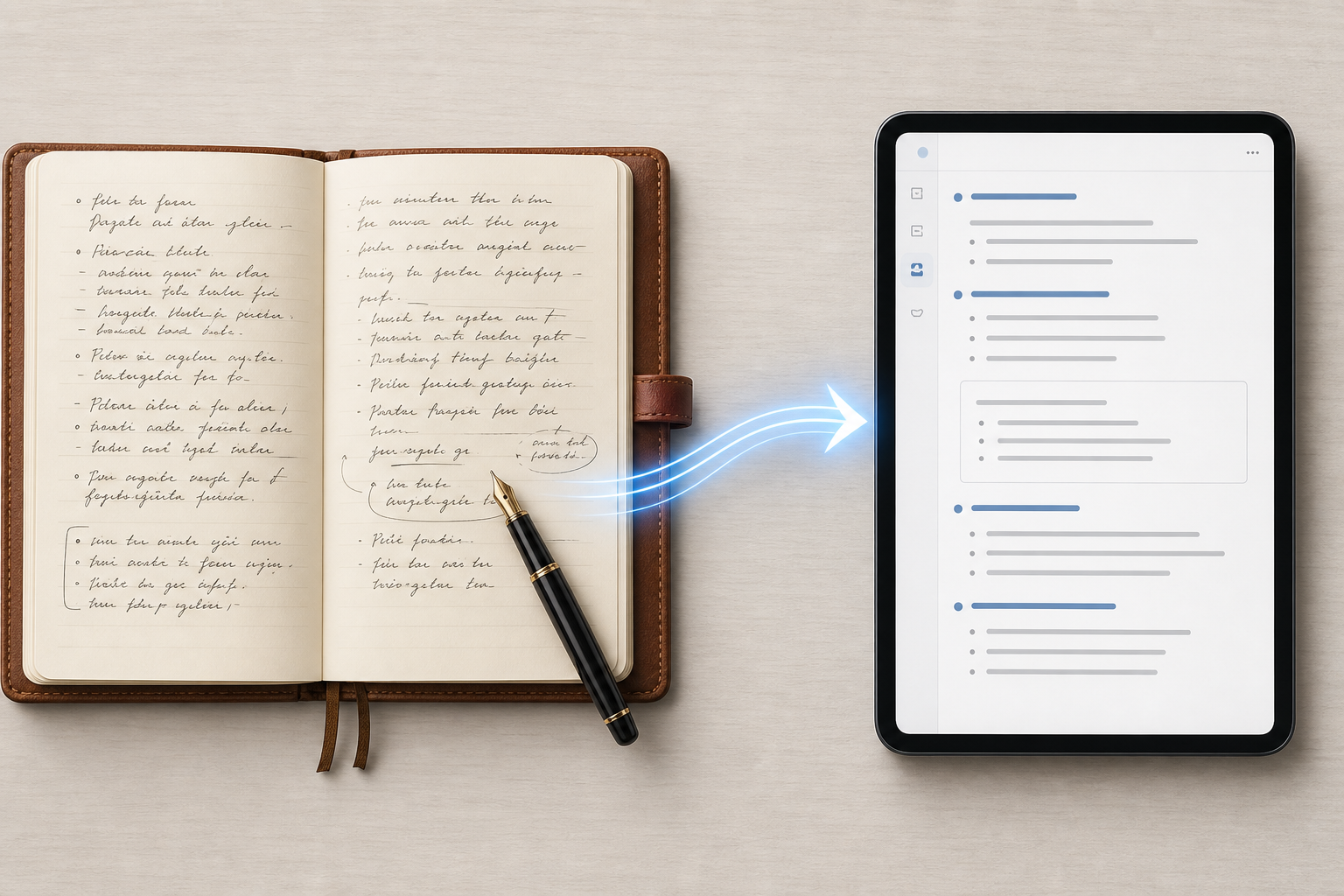 A flat-lay composition showing a transition from analog to digital: on the left, an open leather notebook with messy handwritten cursive notes and a fountain pen; on the right, a tablet displaying the same notes converted to clean digital text, with a subtle glowing blue arrow connecting the two sides against a warm neutral background.