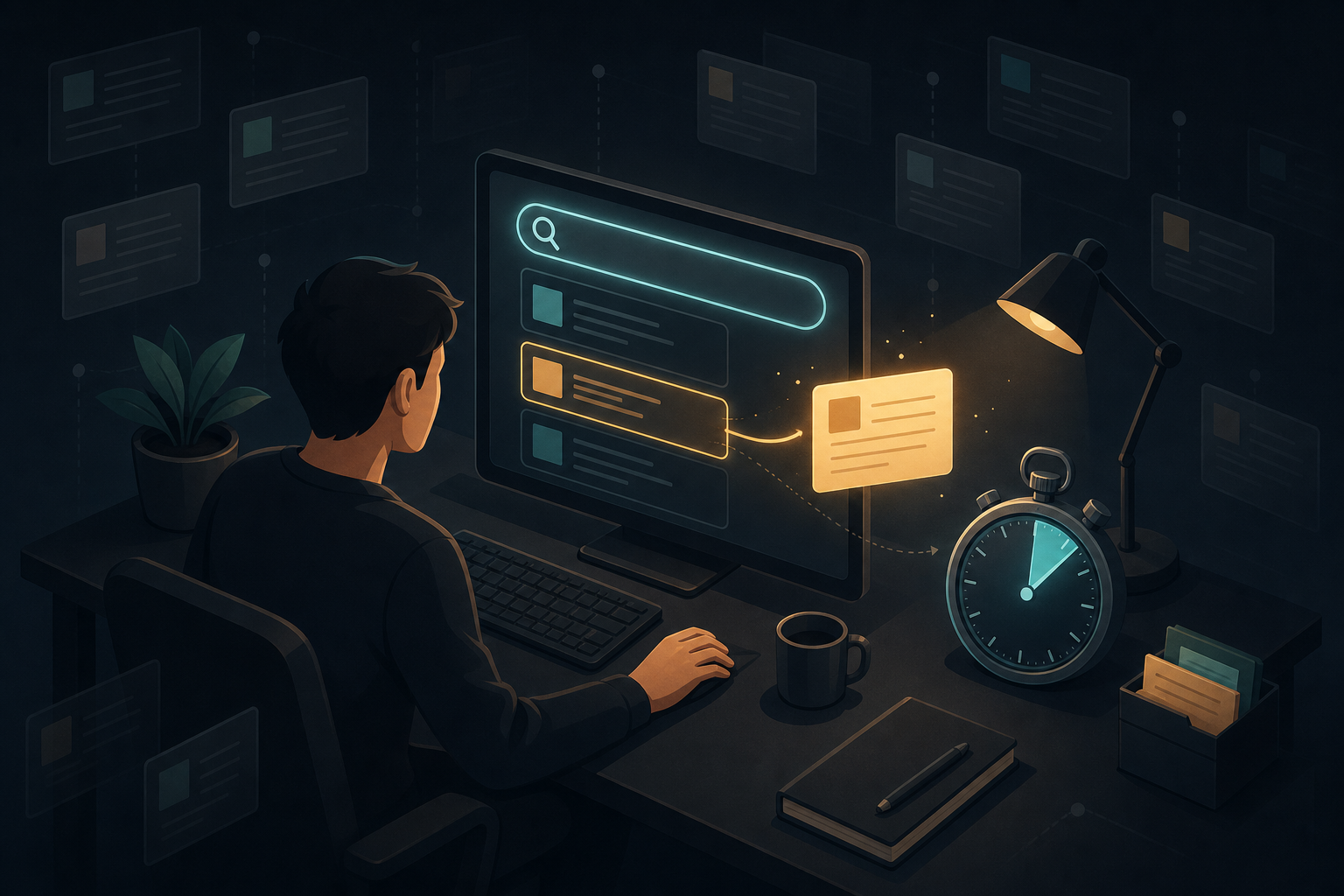 Editorial isometric illustration on a dark workspace with amber and teal lighting showing a person at a desk with a glowing search bar, a stopwatch reading under 60 seconds, and a note card emerging from search results, with faint ghost-like older note cards fading in the background.
