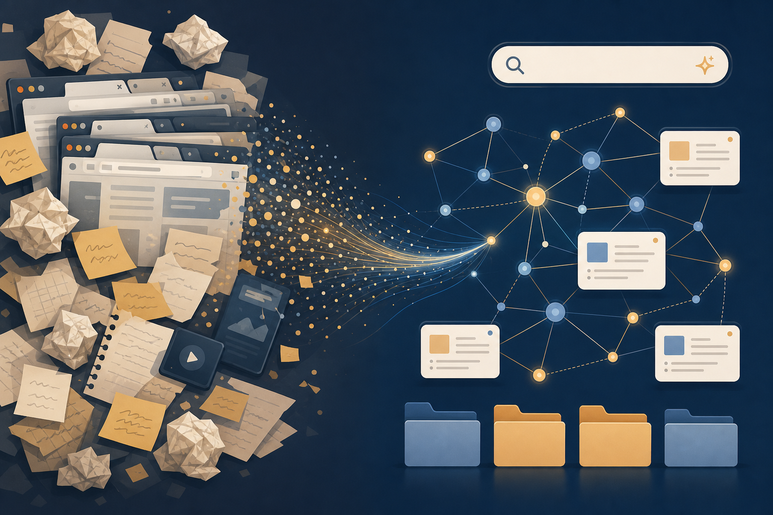 A flat-lay editorial illustration showing a transition from scattered information chaos on the left to an organized second brain system on the right.