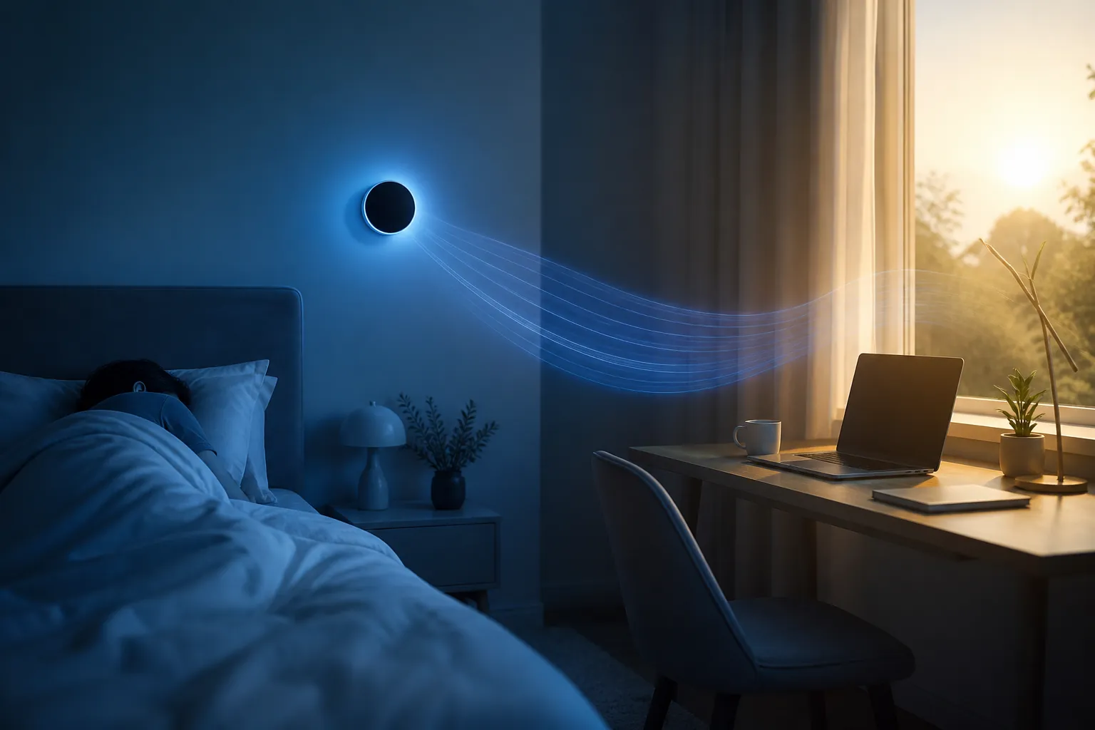 Cool-toned bedroom at night with a thermostat visually linked to a focused morning desk