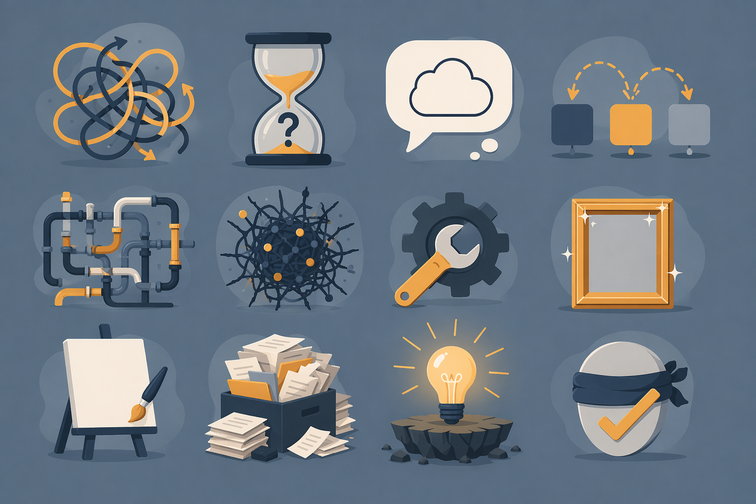 A 3x4 grid of minimalist abstract icons in muted blue-gray with warm amber accents, each icon symbolizing a different PKM anti-pattern: tangled loops, hourglasses, arrows jumping between boxes, wrenches, stacked papers, and other visual metaphors for overthinking, tool hopping, perfectionism, hoarding, and similar patterns.