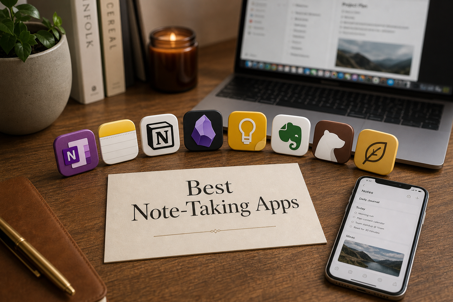 Eight note-taking app icons arranged in an arc on a wooden desk with a smartphone and laptop in the background.