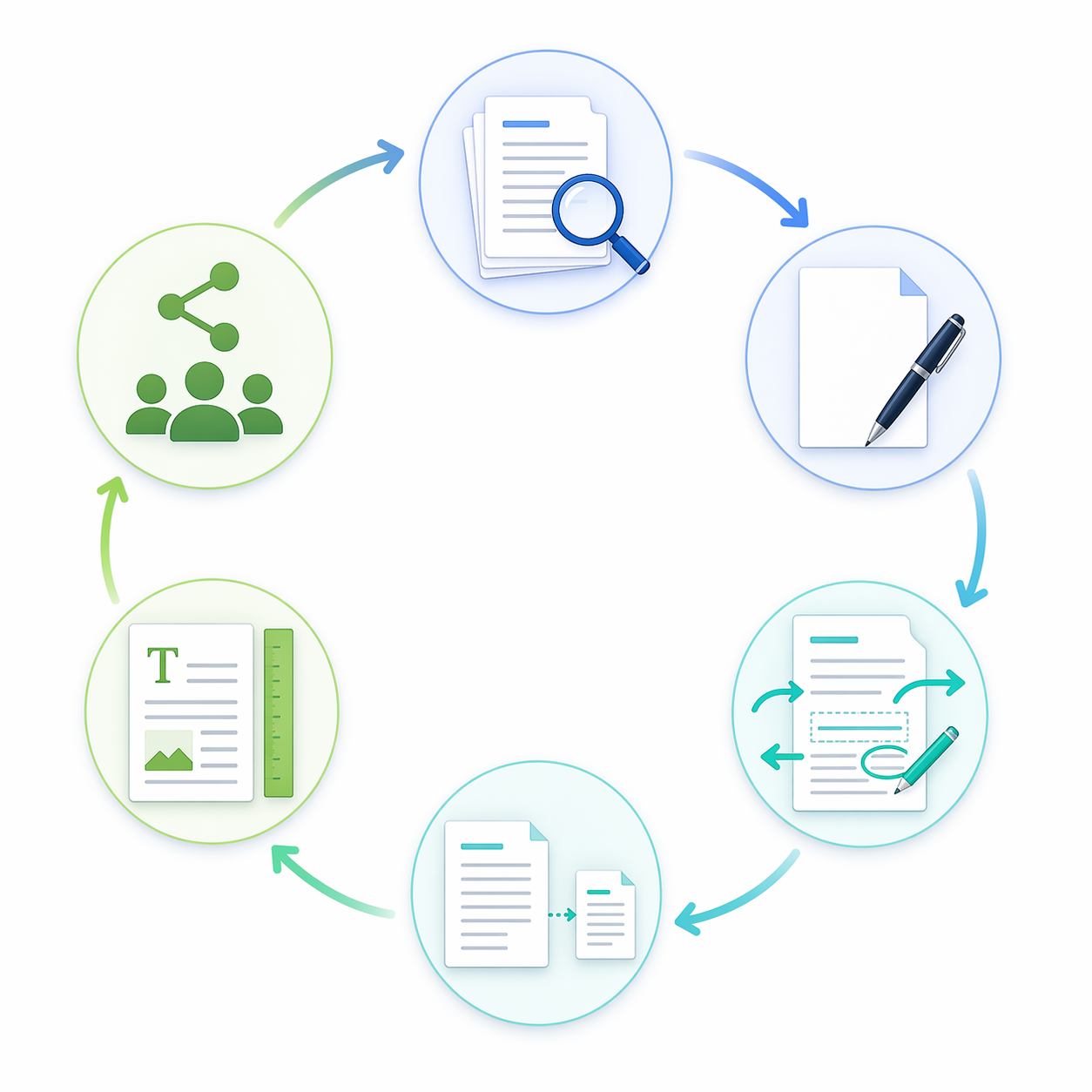 Circular document workflow showing context gathering, drafting, revision, summarization, formatting, and handoff