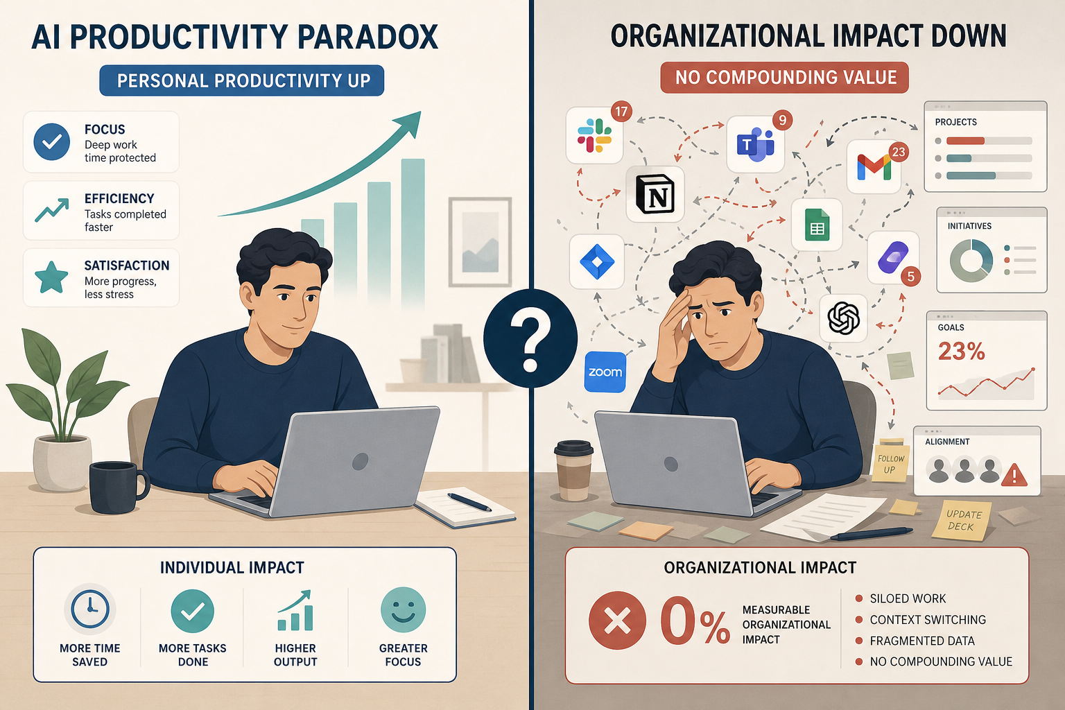 A split-composition flat vector illustration showing the AI productivity paradox. Left side: calm worker with upward arrows and simple indicators. Right side: same worker surrounded by chaotic app icons and a red statistic. A dividing line with a question mark runs down the center.