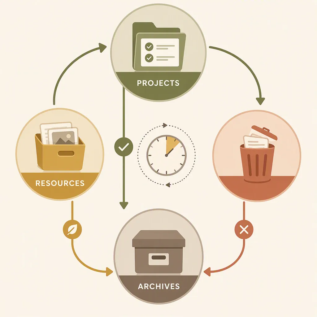 Weekly maintenance cycle moving completed Projects and stale Resources down to Archives during a five-minute review