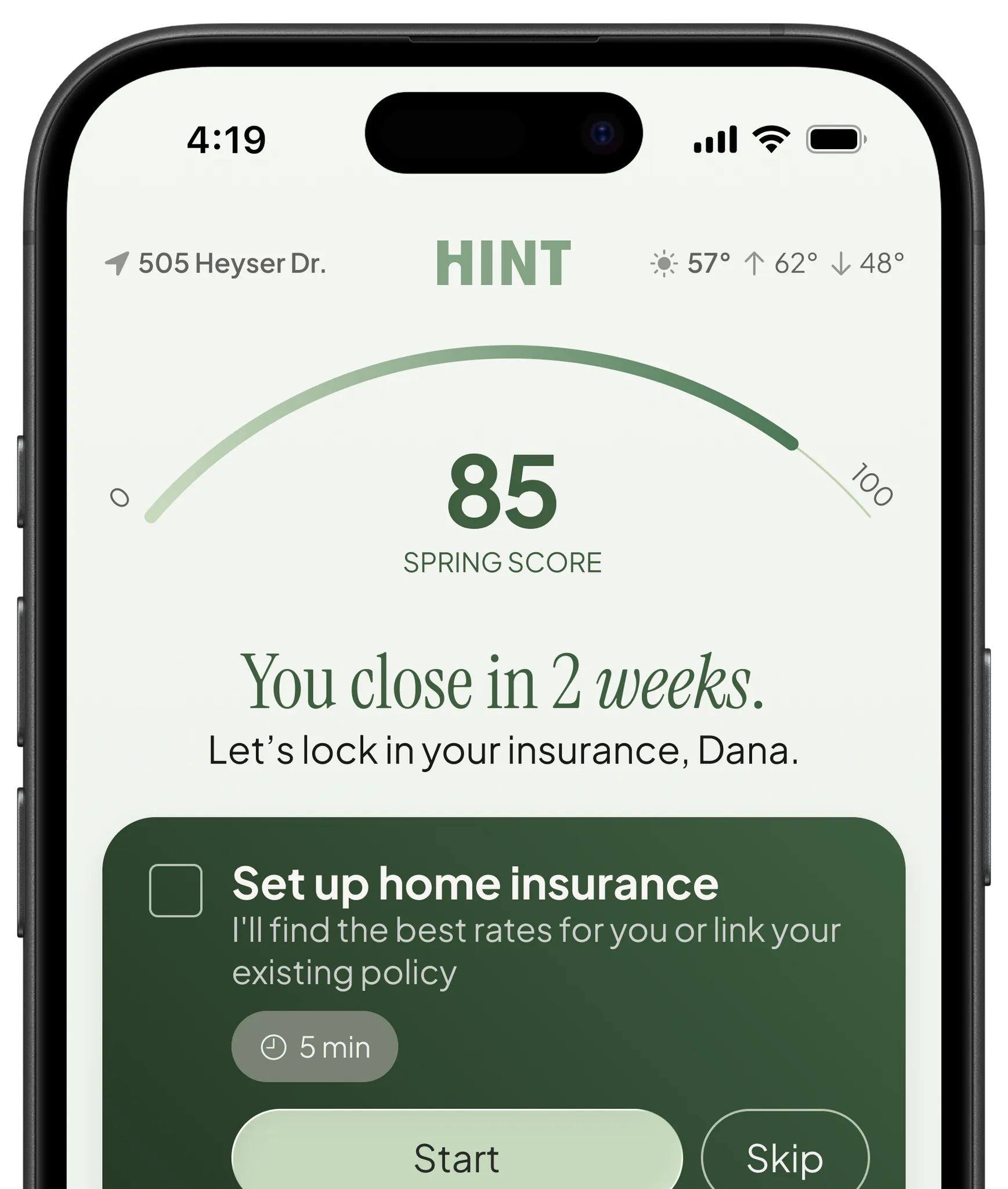 Hint app home profile interface shown on an iPhone mockup