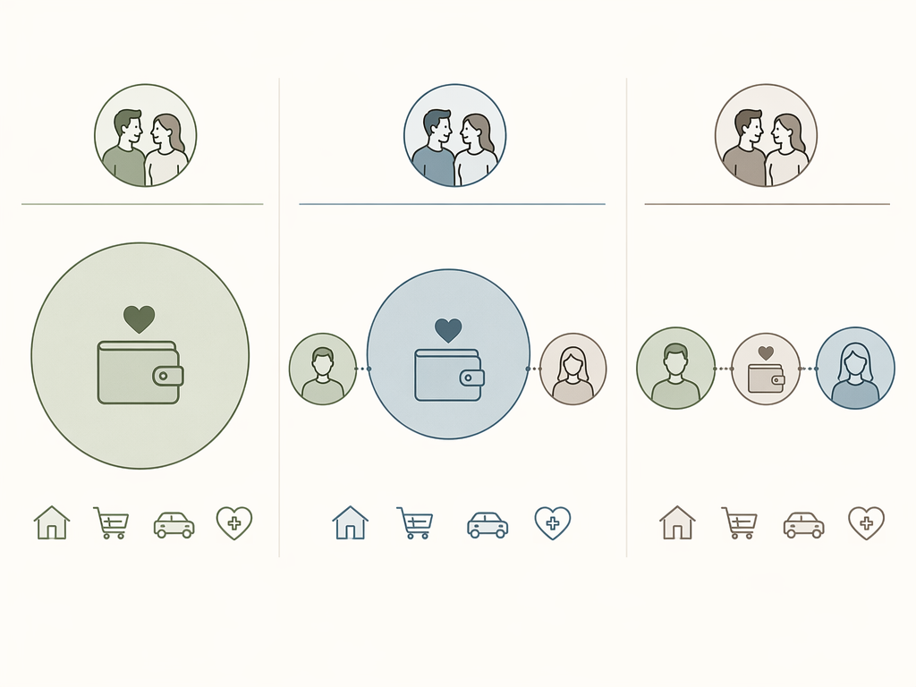 Three account structure models for couples shown as fully joint, hybrid, and separate with shared pool