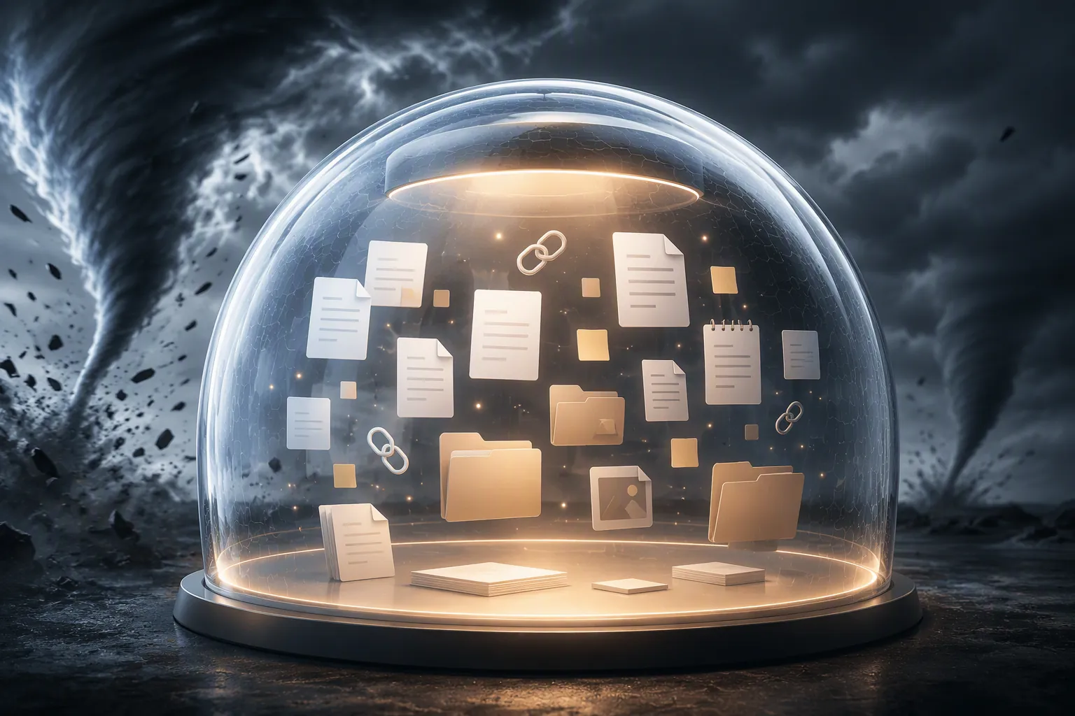 A protective dome sheltering digital notes and links from storm clouds