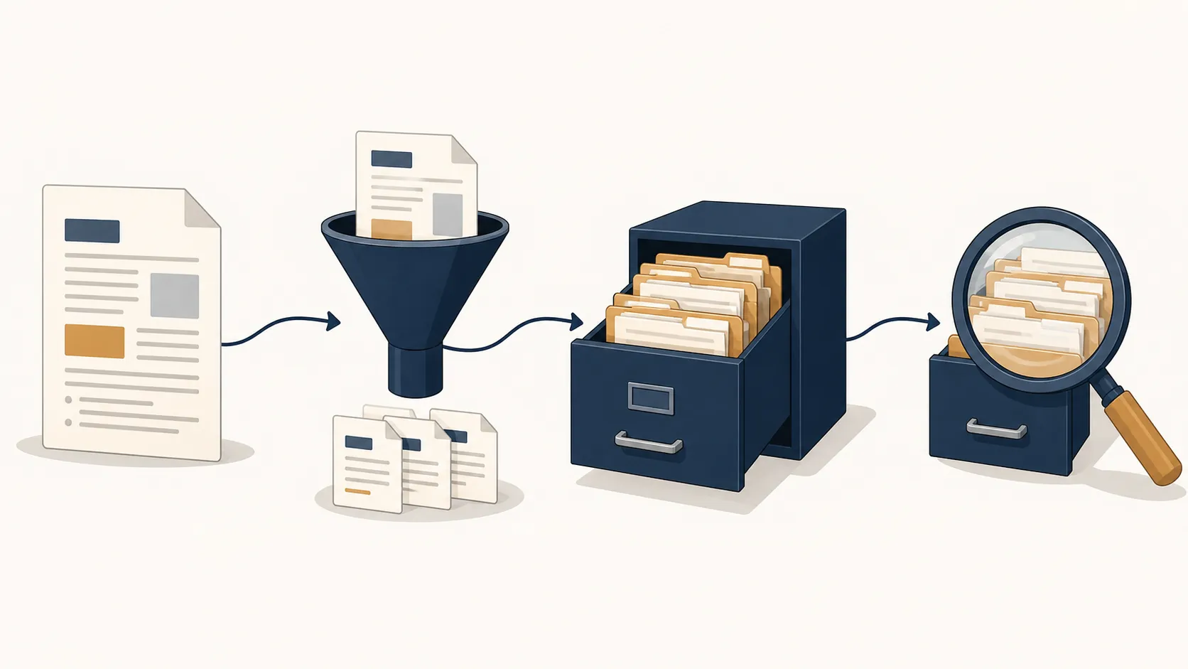 Four-stage illustration showing capture, distillation, filing, and later retrieval