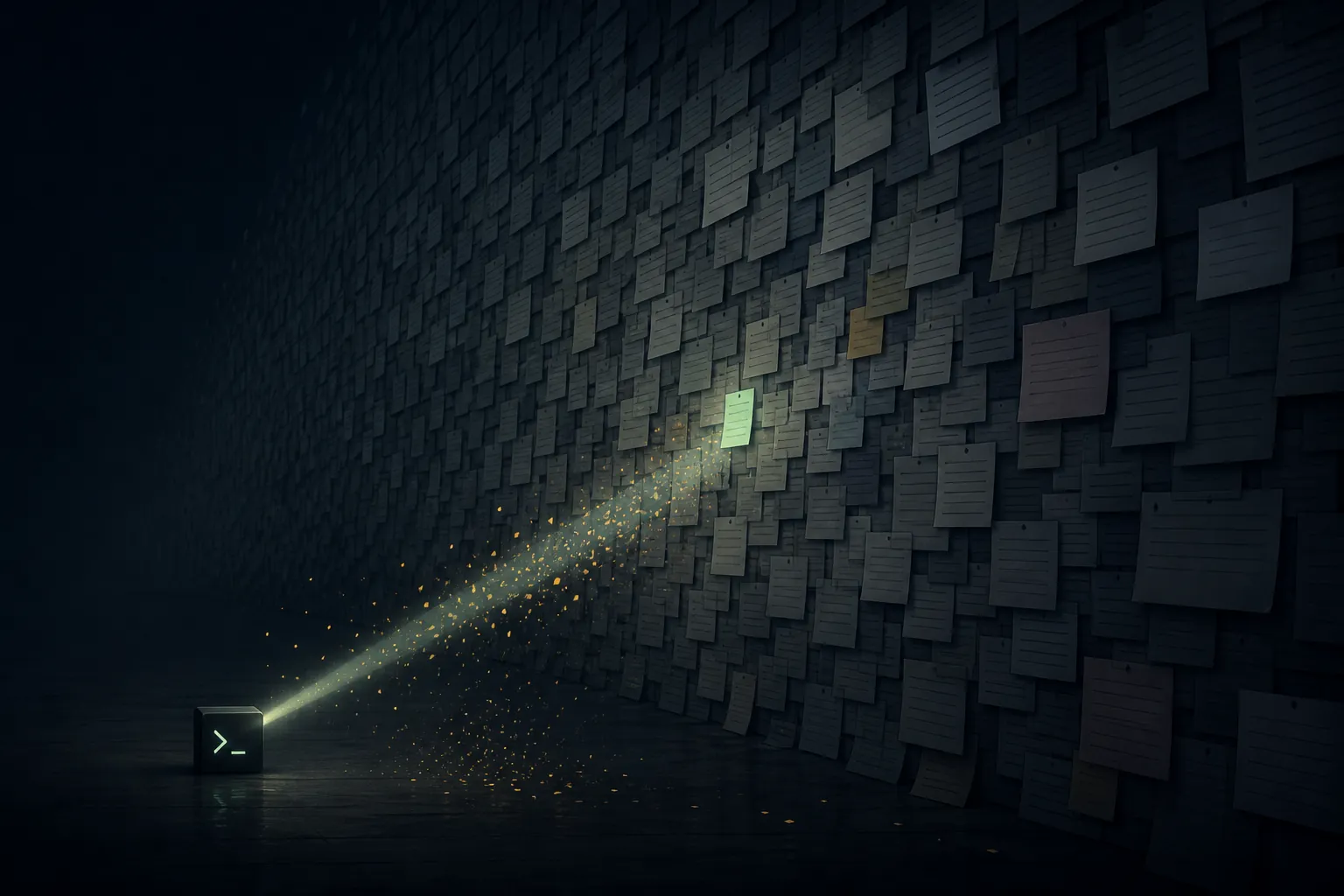 A small terminal search beam leaking sparks while scanning a huge wall of notes