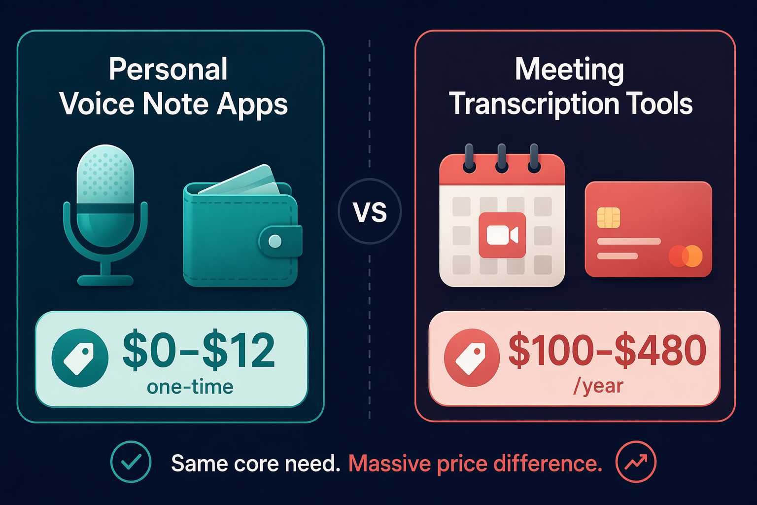 Two-column price comparison illustration with 'Personal Voice Note Apps' on the left showing a microphone-and-wallet icon and a '$0–$12 one-time' price tag in teal, and 'Meeting Transcription Tools' on the right showing a calendar-video-call icon and a '$100–$480/year' price tag in muted coral.