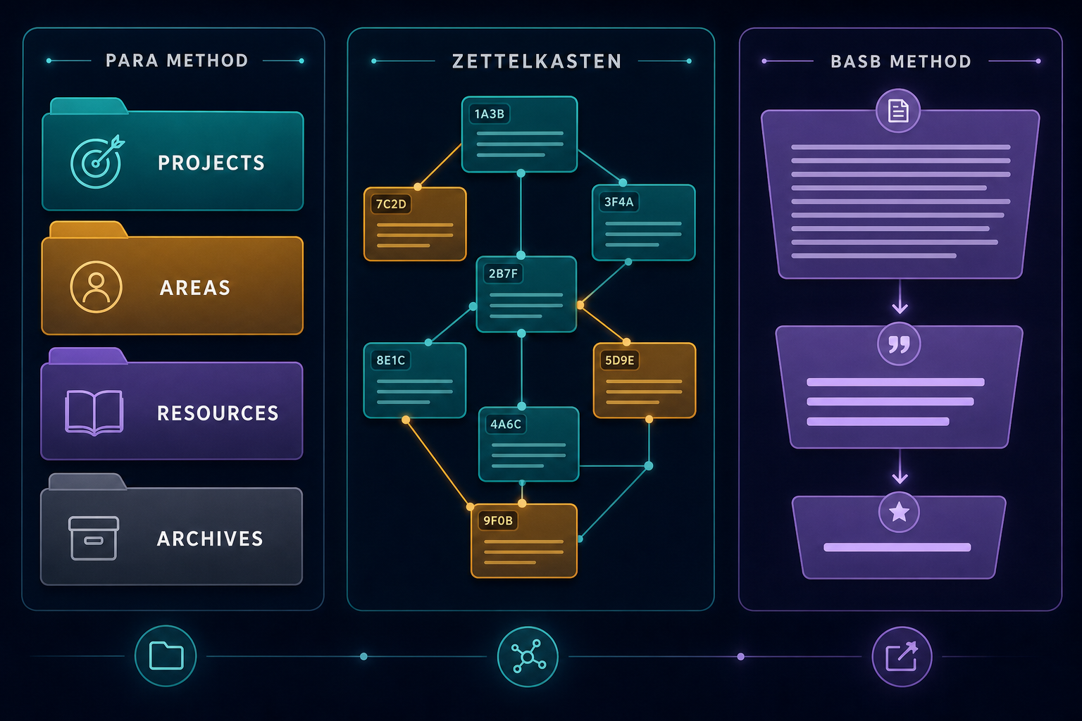 A flat vector editorial illustration with three panels comparing PKM methodologies: PARA shown as four stacked buckets, Zettelkasten shown as linked atomic note cards in a branching graph, and BASB shown as a layered funnel with progressive summarization.