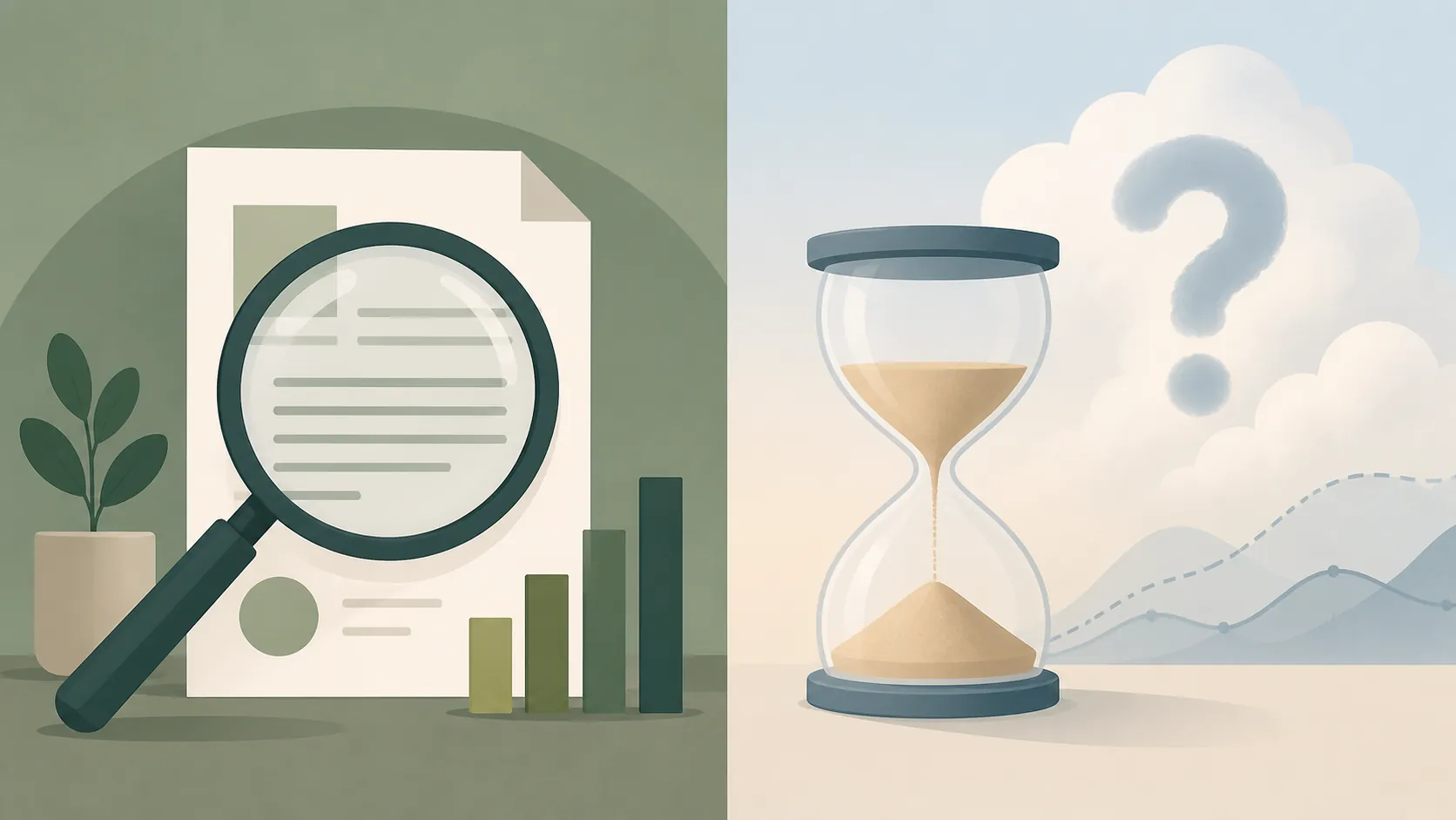 Two-panel illustration contrasting checkable evidence with uncertain forecasts