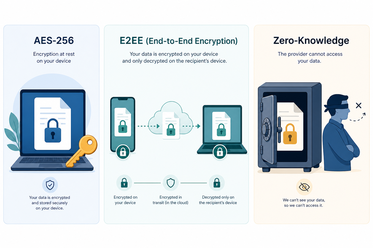 Three-panel illustration comparing AES-256, end-to-end encryption, and zero-knowledge encryption models.