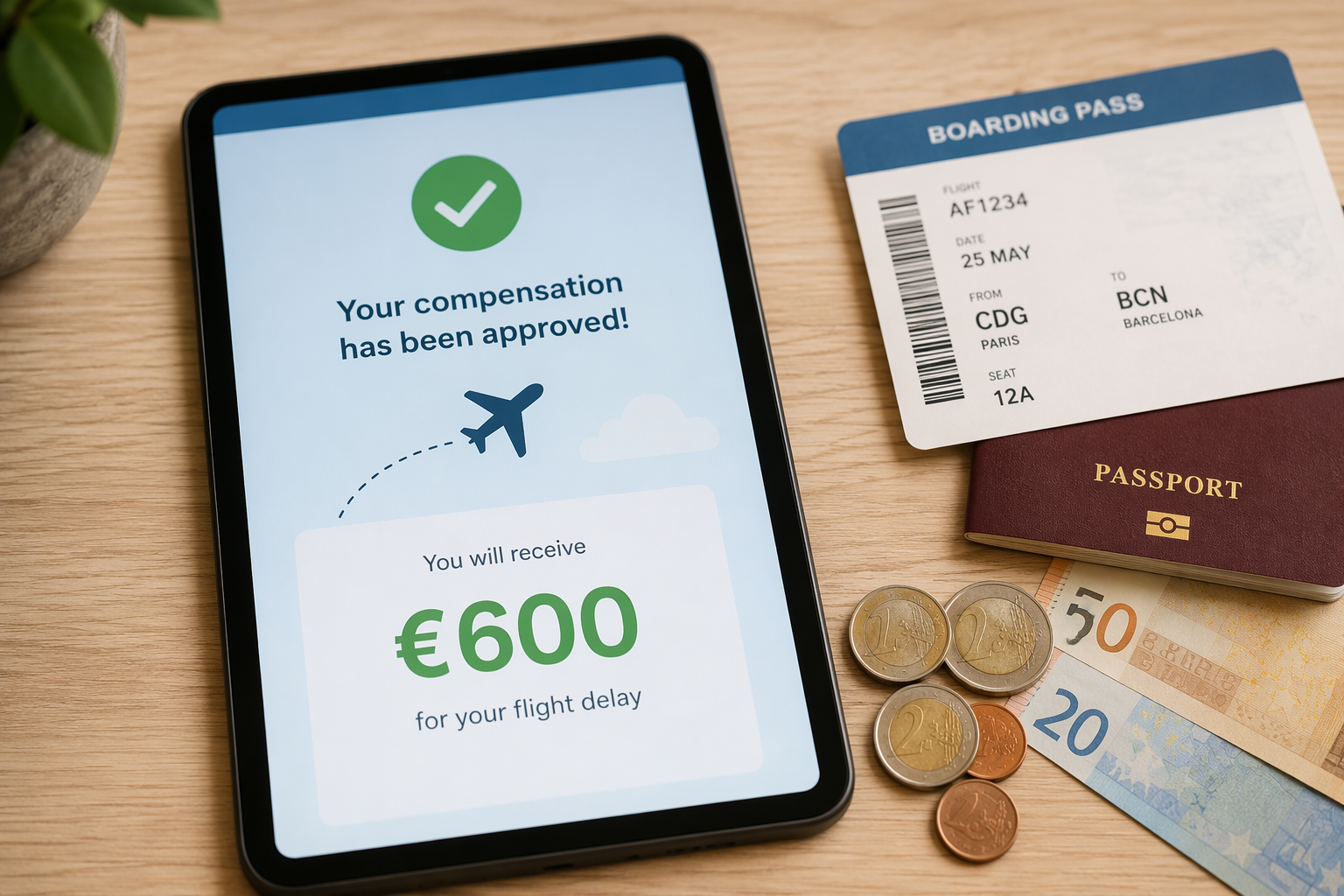 A tablet showing a flight delay compensation success screen with travel documents and euro coins.