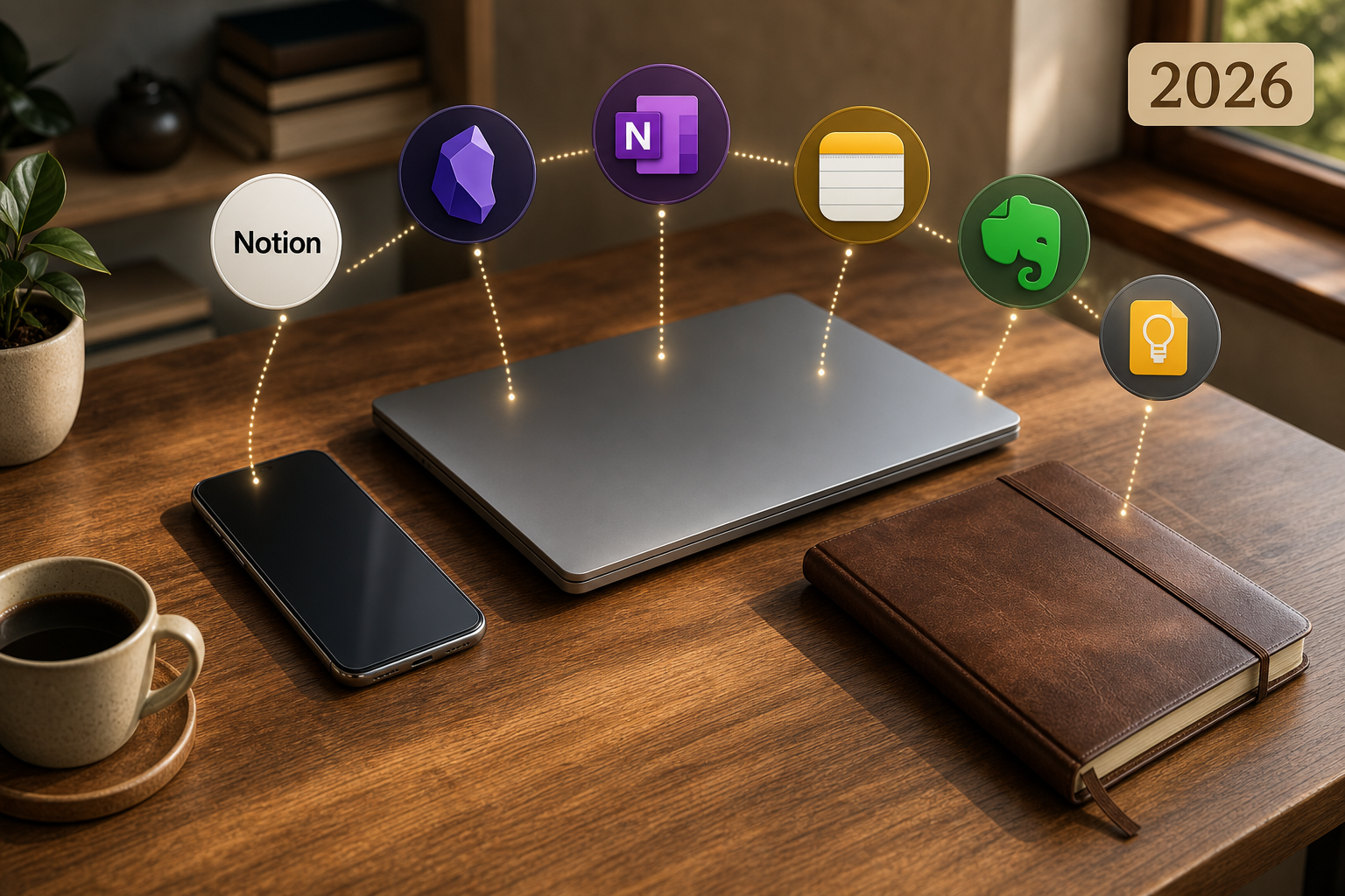 A warm-toned flat-lay composition on a wooden desk showing a smartphone, a slim laptop, and a leather notebook. Six app icons (Notion, Obsidian, OneNote, Apple Notes, Evernote, Google Keep) are arranged in a semicircle around the devices with subtle glowing dotted lines connecting them.