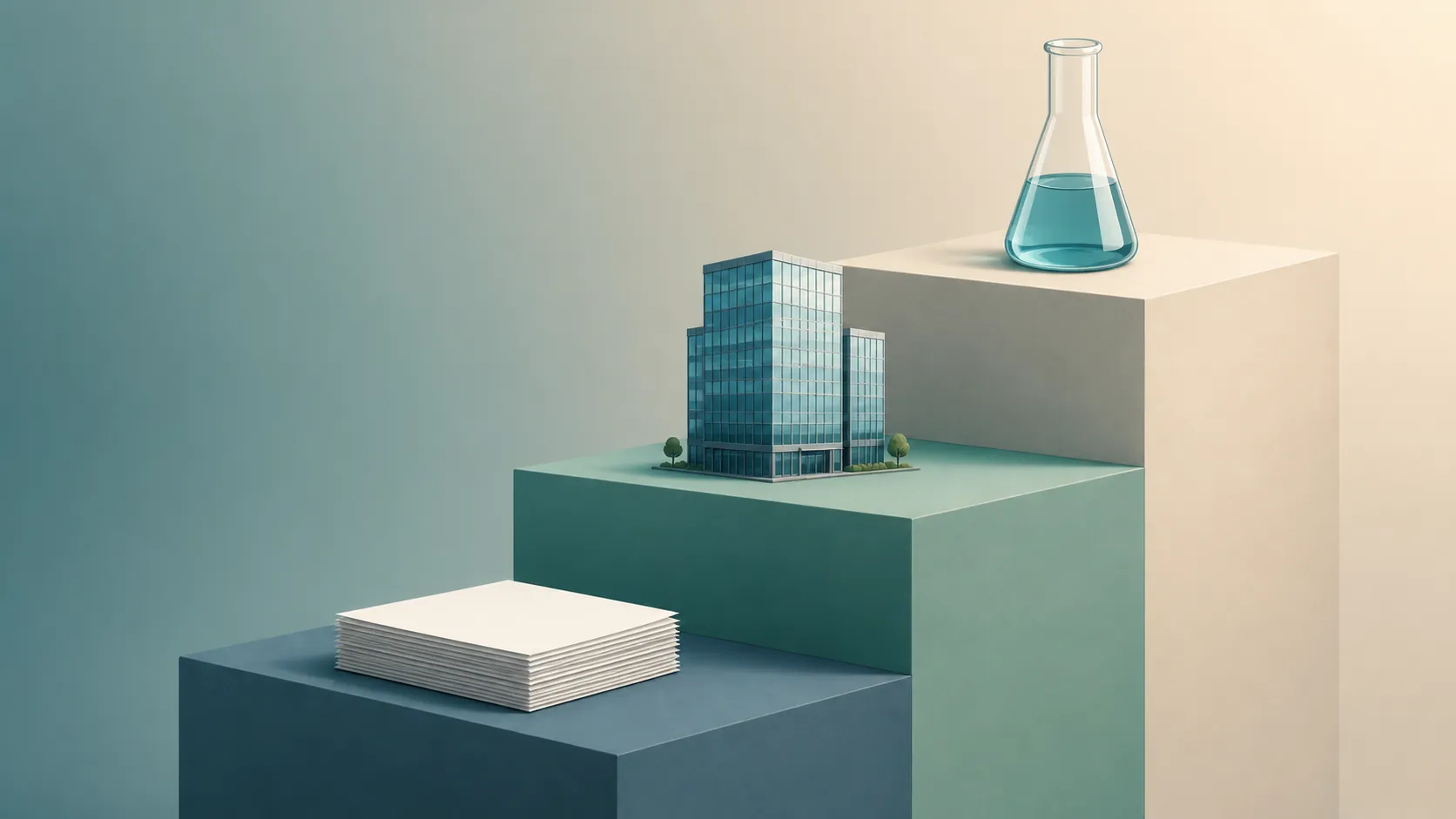 Minimalist illustration of evidence levels shown as stepped platforms with a lab flask, office tower, and papers