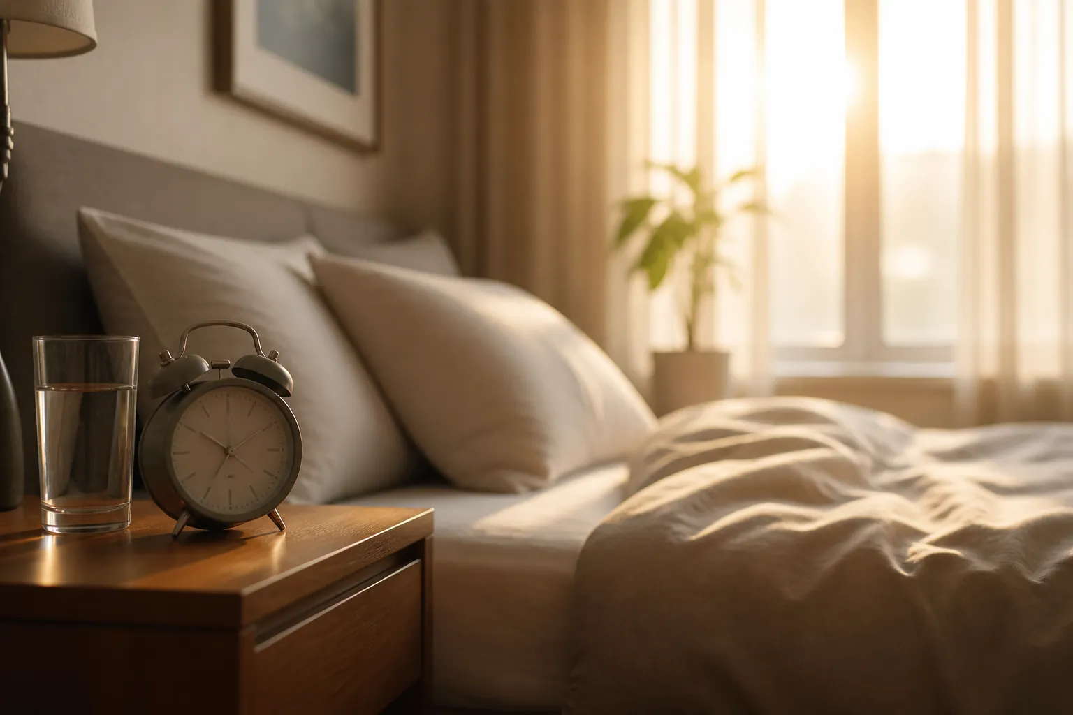 A calm morning bedroom with golden window light and a simple analog alarm clock