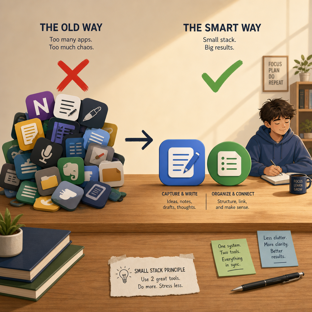 A split illustration comparing a chaotic pile of overlapping app icons with a red 'X' on the left, and a calm arrangement of two clean abstract app icons (blue square and green circle) side by side on a wooden desk with a green checkmark on the right. A small relaxed student figure sits beside the two icons. A directional arrow connects both sides.