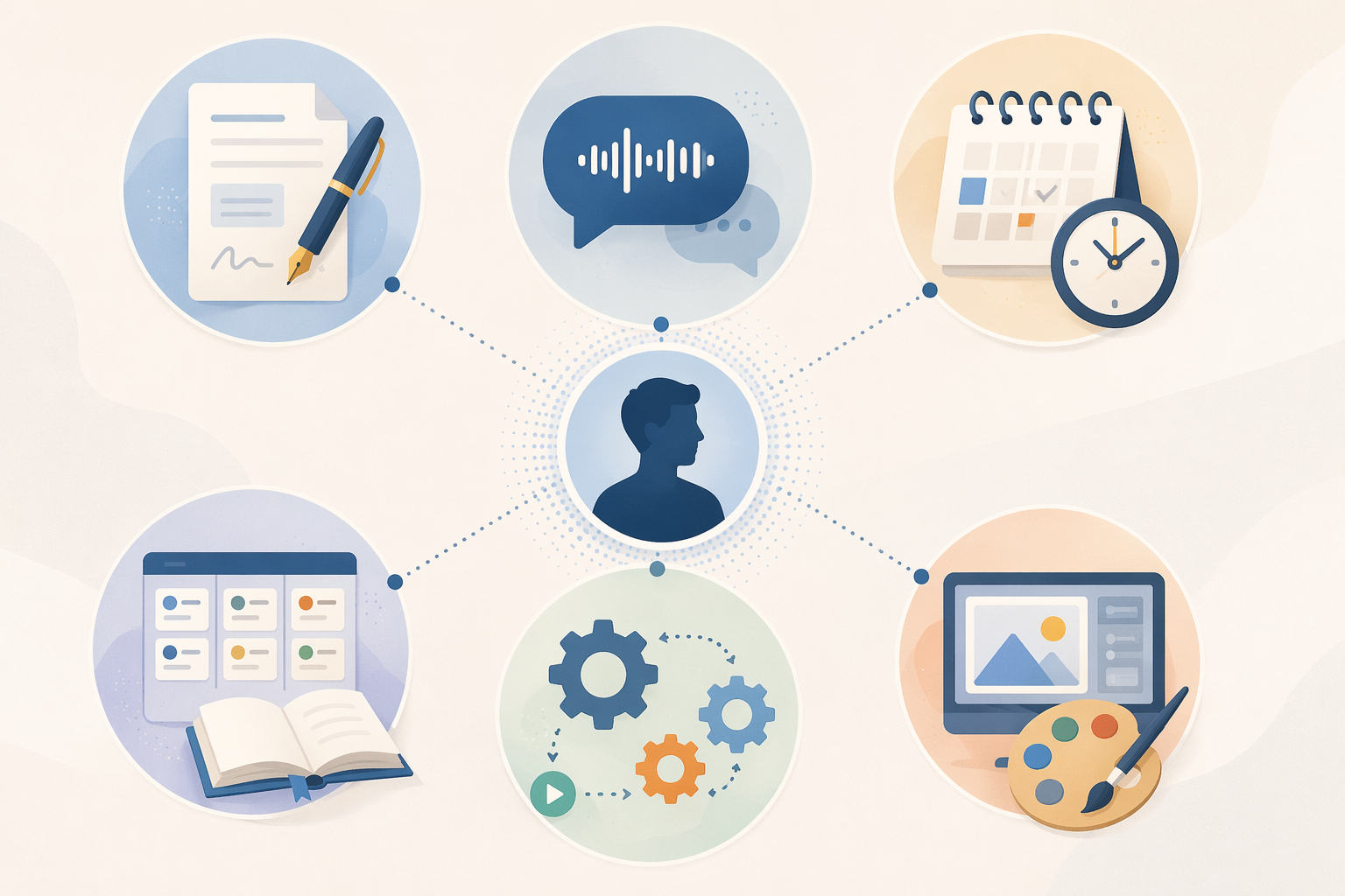 Human silhouette surrounded by six AI productivity workflow categories