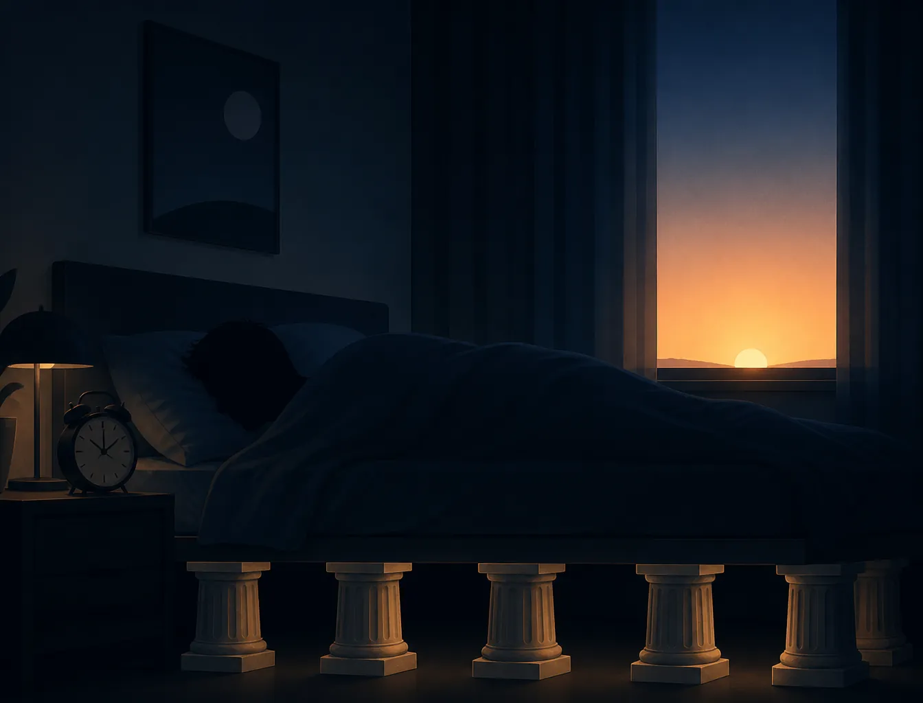 Calm bedroom at night suggesting a fixed bedtime and wake time