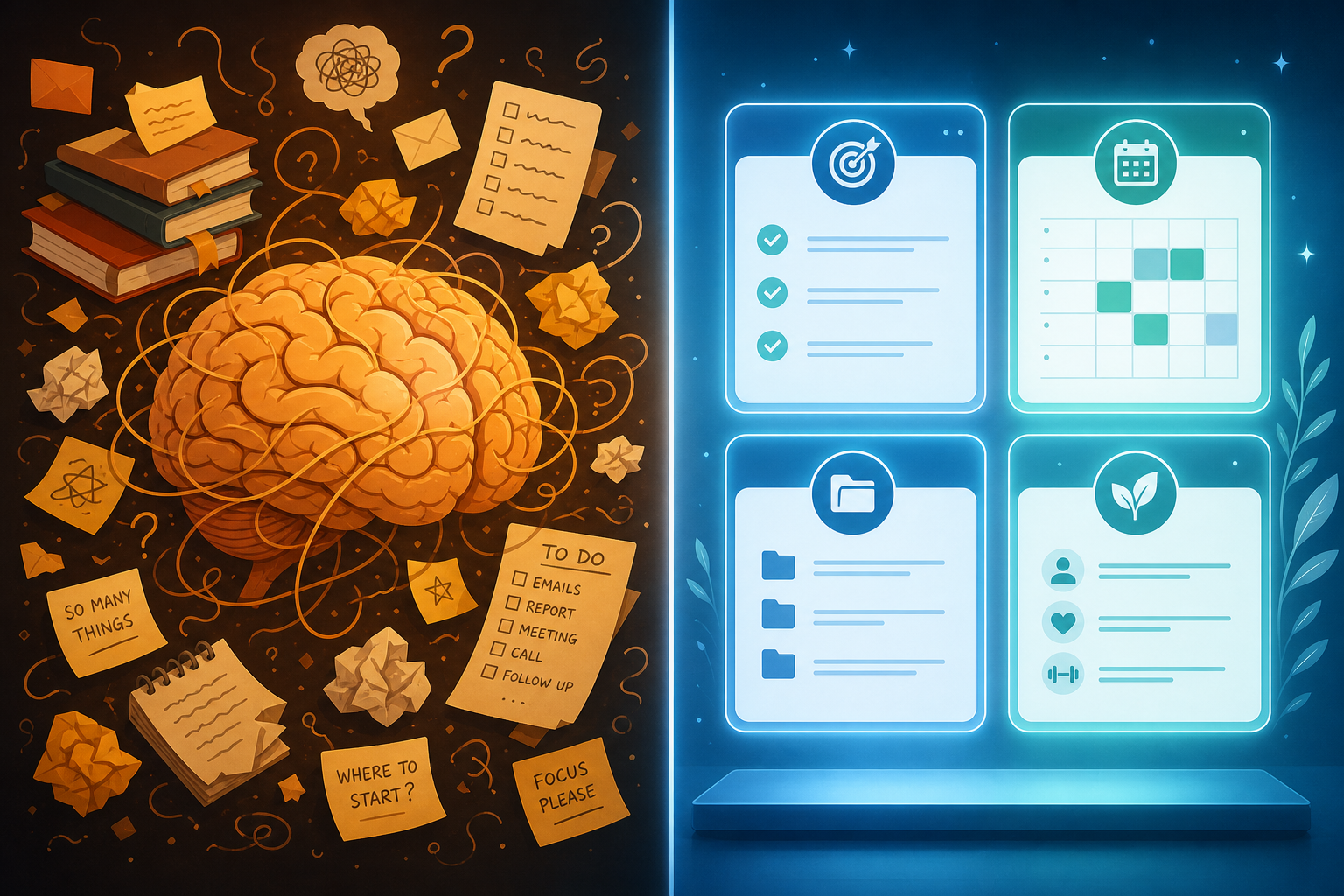 A diptych illustration contrasting a chaotic biological brain surrounded by information fragments on the left with a calm, organized digital knowledge system on the right.