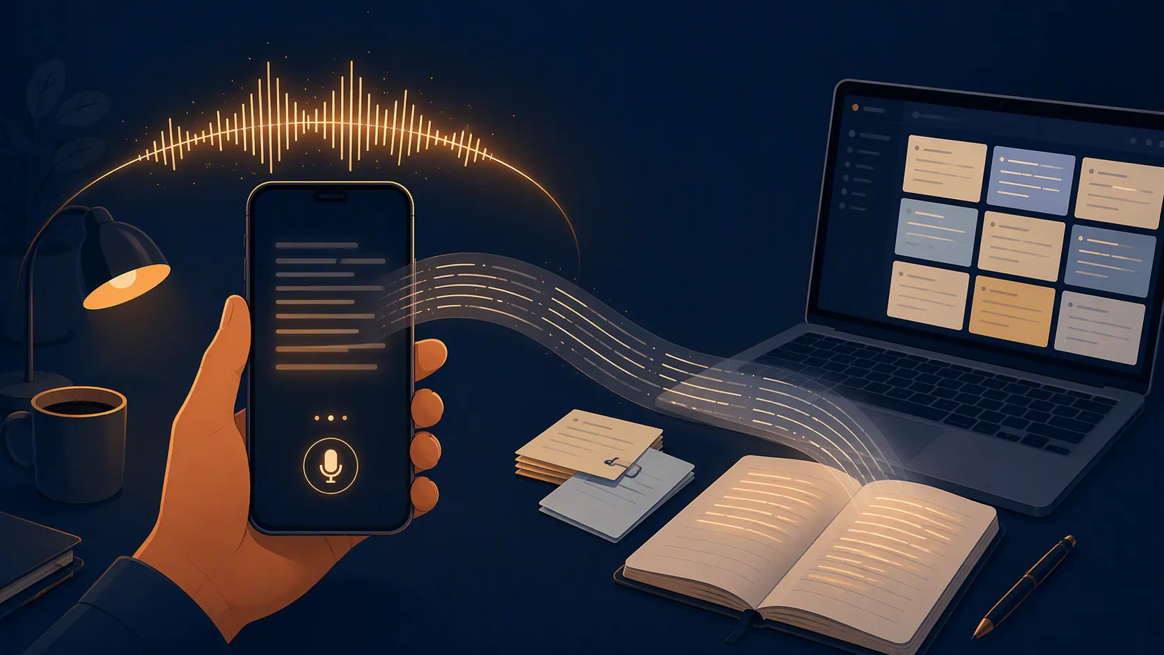Smartphone voice waveform feeding text into notebooks and a laptop note system