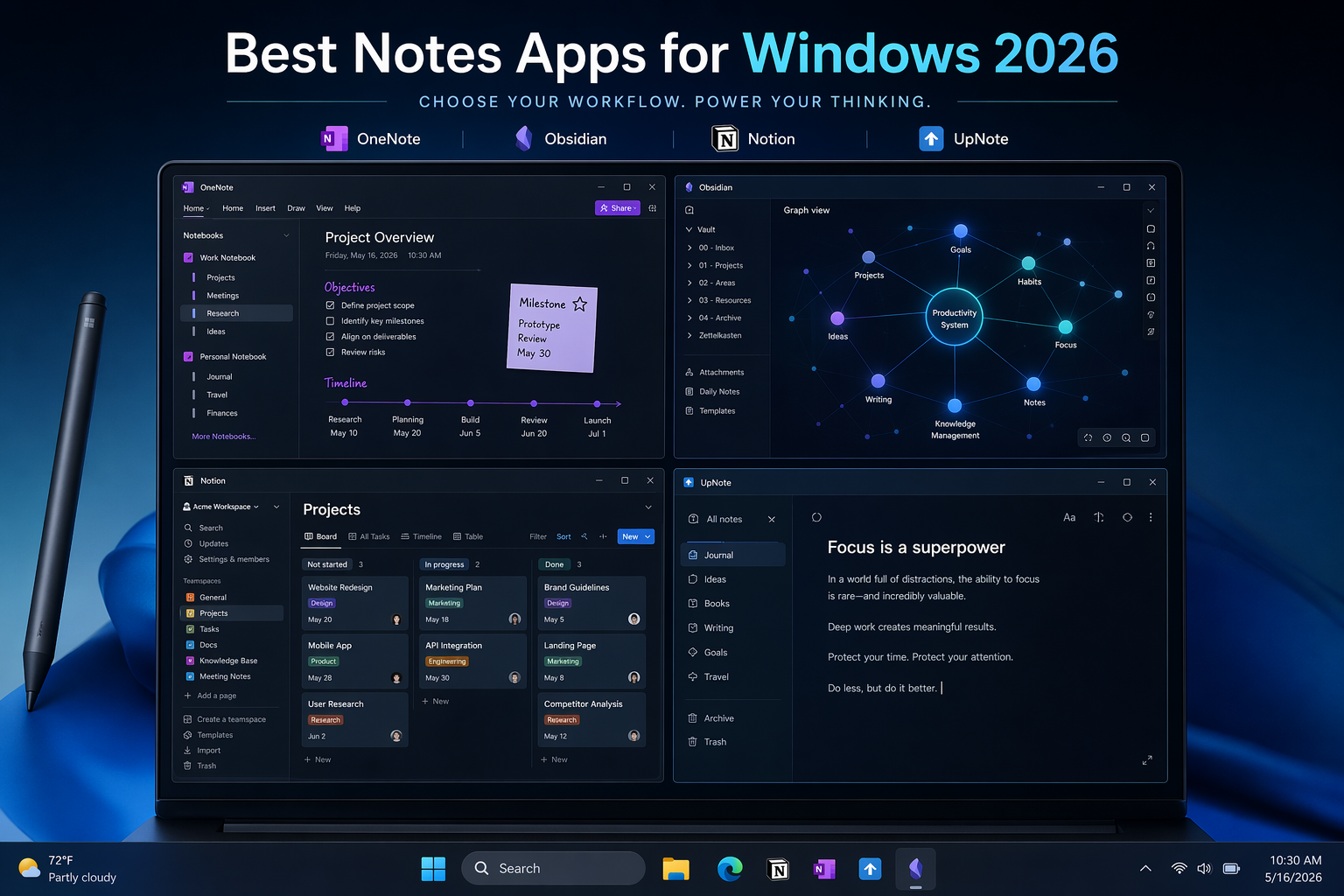 A Windows 11 desktop in dark mode with four app windows tiled together: OneNote showing a notebook hierarchy with a Surface stylus, Obsidian displaying an interconnected graph view, Notion showing a kanban board layout, and UpNote in a clean focus mode. Cool blue and teal tones. A simple text reads 'Best Notes Apps for Windows 2026'.