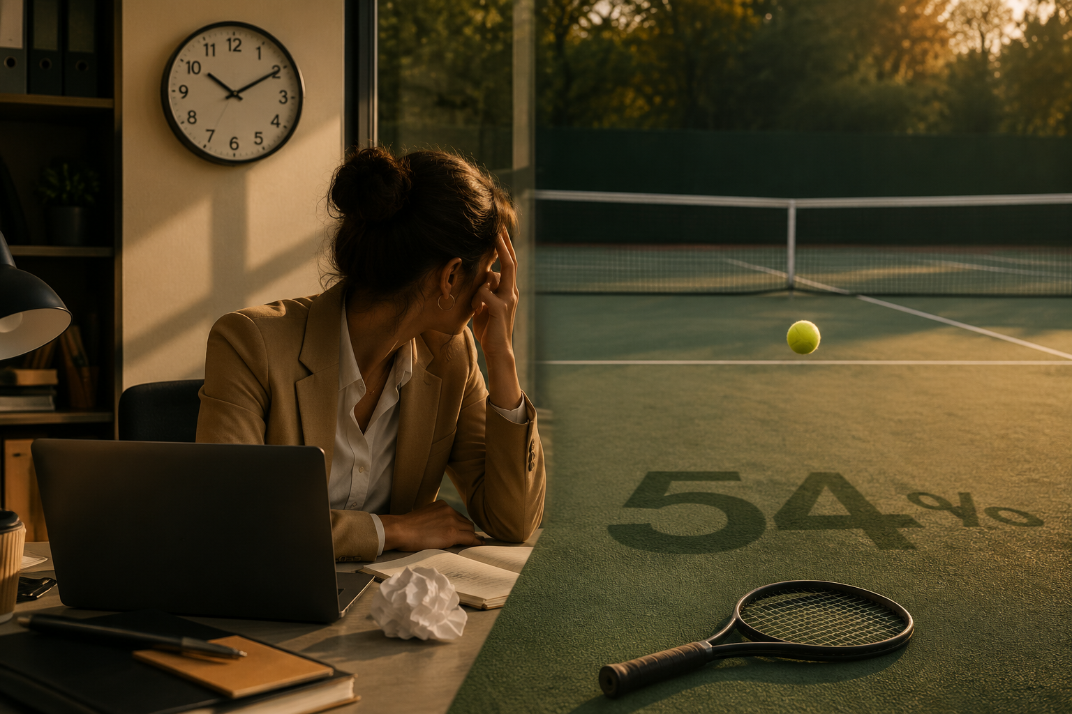 A tense office desk transitions into a tennis court with 54 percent embedded in the surface