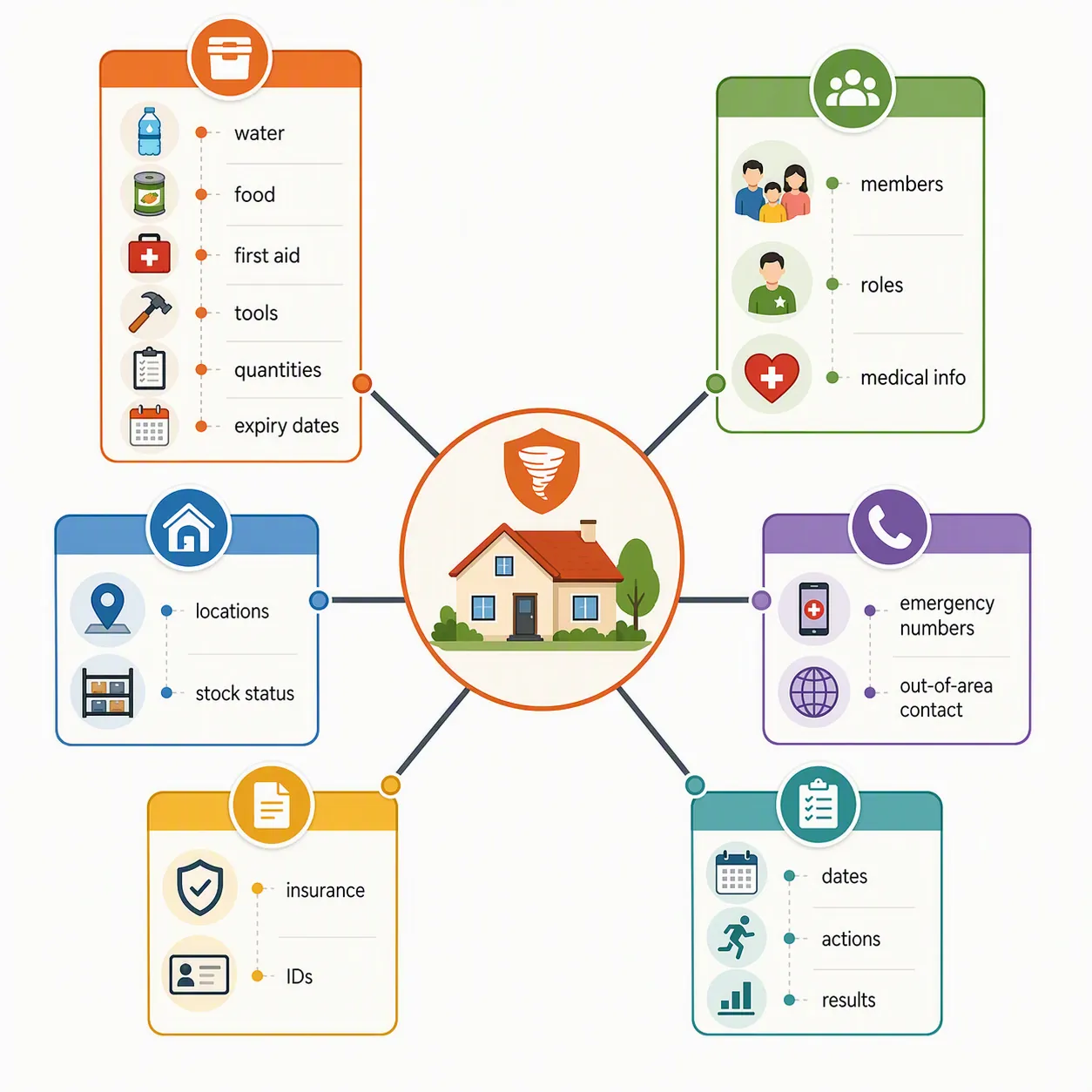 A hub-and-spoke diagram connecting a household tornado plan to supplies, people, shelters, contacts, documents, and drill logs
