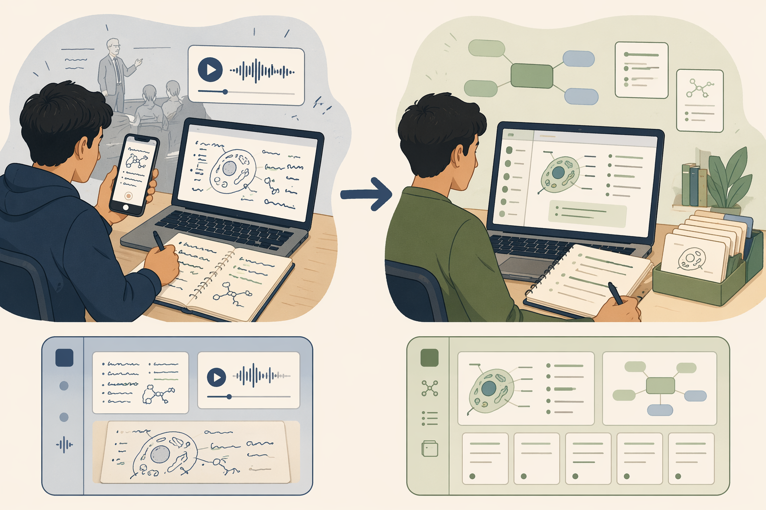 A student workflow moving from messy lecture capture to structured study notes and linked concepts