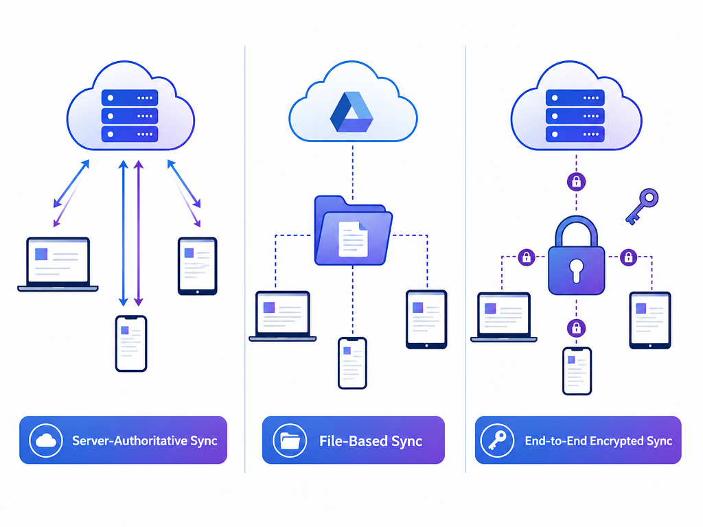 Split-comparison editorial illustration showing three sync architectures: a central cloud server with connected devices for server-authoritative sync, a folder icon connected to cloud storage with device icons for file-based sync, and a lock icon between devices and a server for end-to-end encrypted sync, with labeled banners below each panel in a blue-to-purple gradient palette