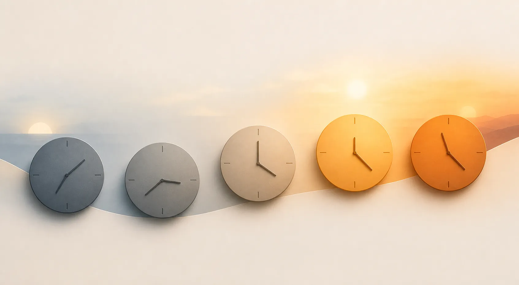 Row of clock discs showing dimmed early-morning hours and warmer later-day hours