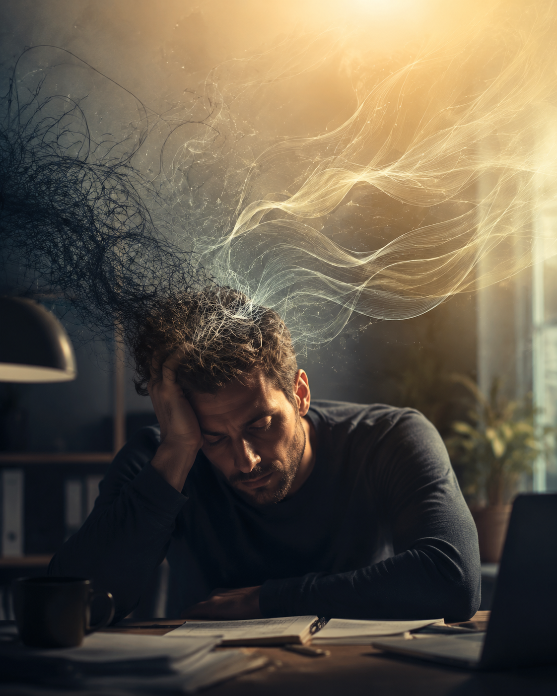 Fatigued person at a desk with cloudy shapes shifting into clearer light lines