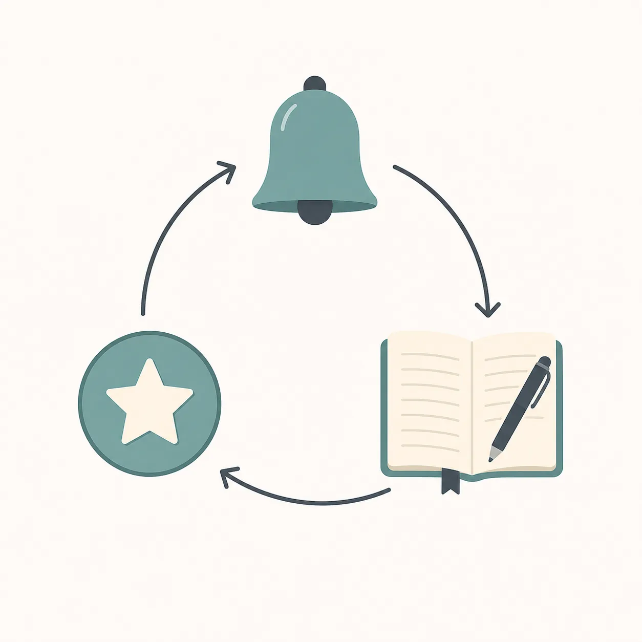 Circular cue-routine-reward diagram with a notification bell, notebook and pen, and star badge