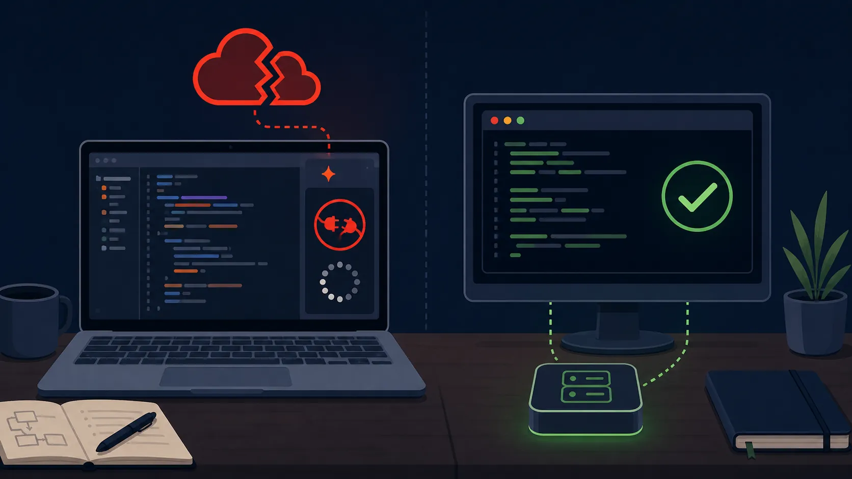 Code editor with a disconnected AI panel beside a working terminal connected to a local server