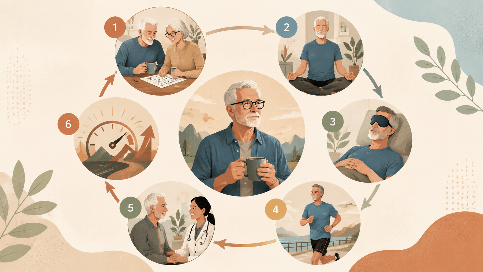 Illustration of six segments in a layered daily routine: morning coffee and word puzzles, meditation, midday reset, cardio, health checkups, and sustained engagement